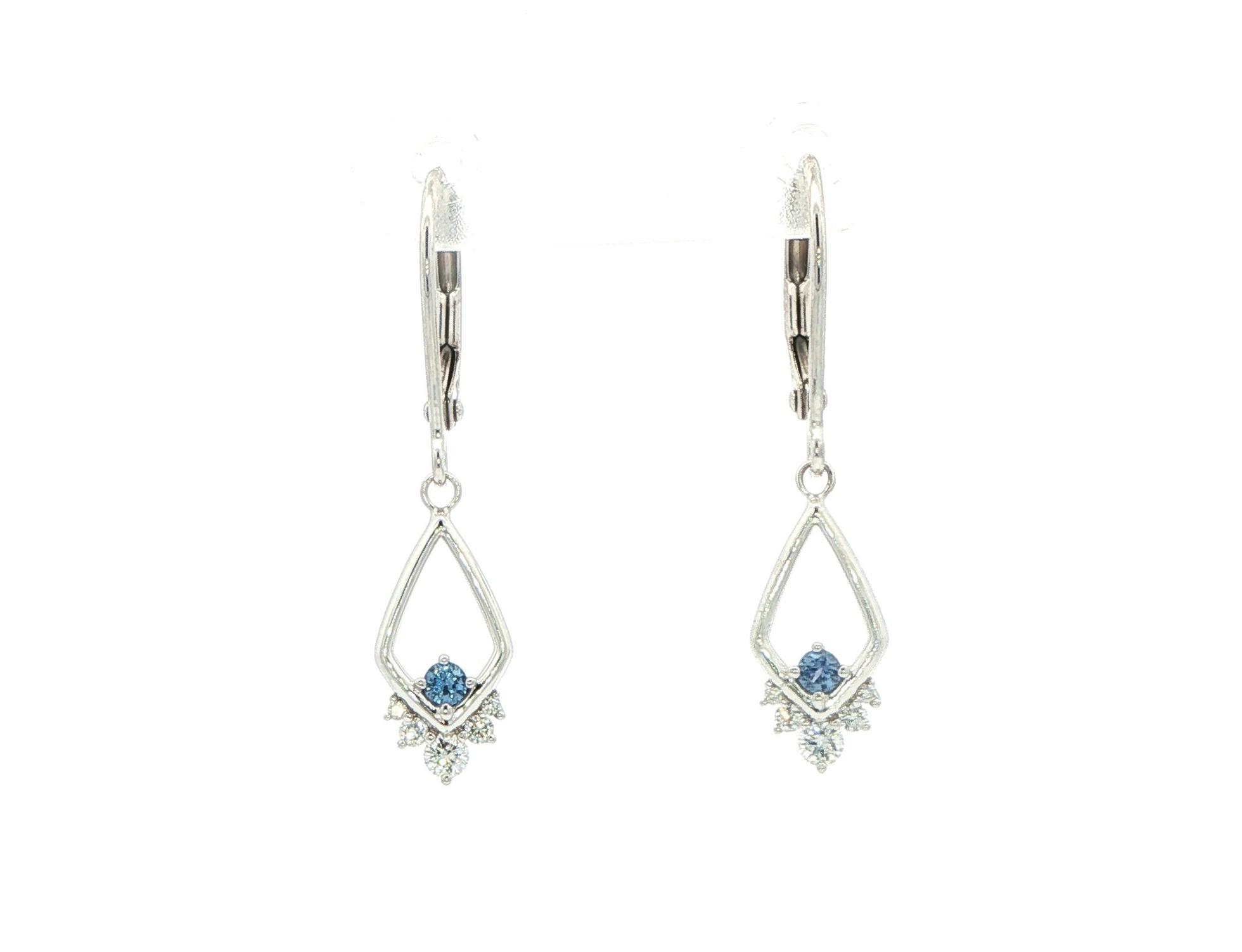 Elongated Kite Montana Yogo Sapphire Diamond Dangle Earrings in White Gold (0.22cts TWT)