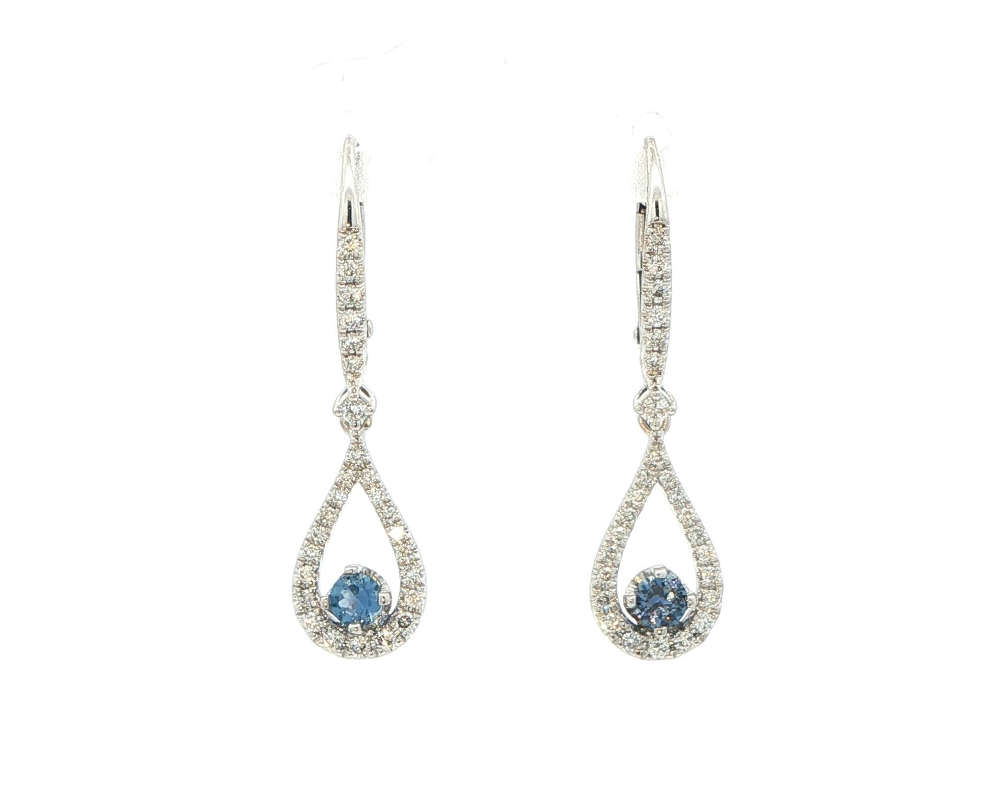 Pear Shaped Montana Yogo Sapphire and Diamond Pave Dangle Earrings in White Gold (0.56cts TWT)
