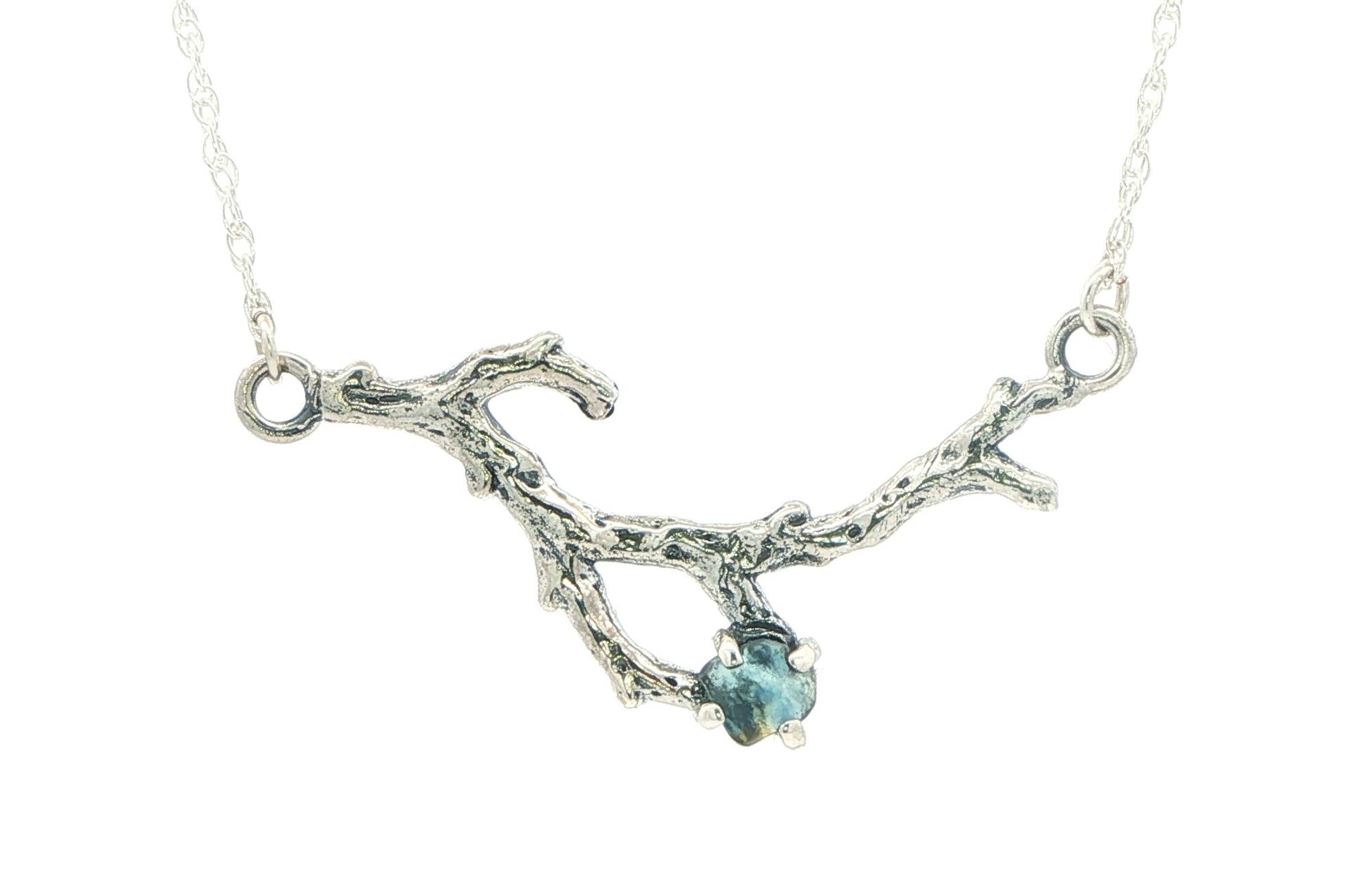 Large Branch with Raw Montana Sapphire on Split Chain Necklace in Sterling Silver
