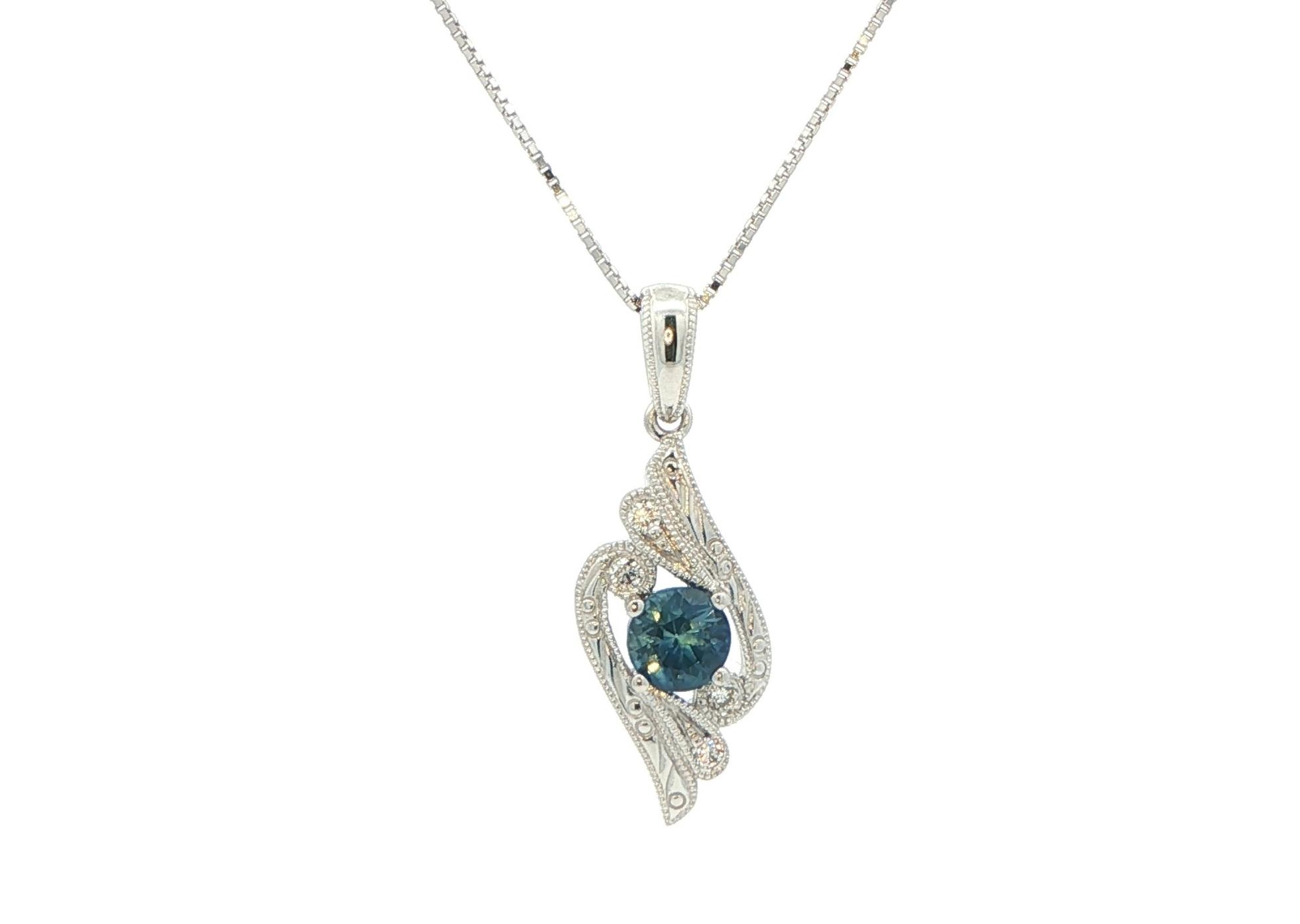 Hand Engraved Wing Drop Montana Sapphire and Diamond Necklace in White Gold (0.47cts TWT)