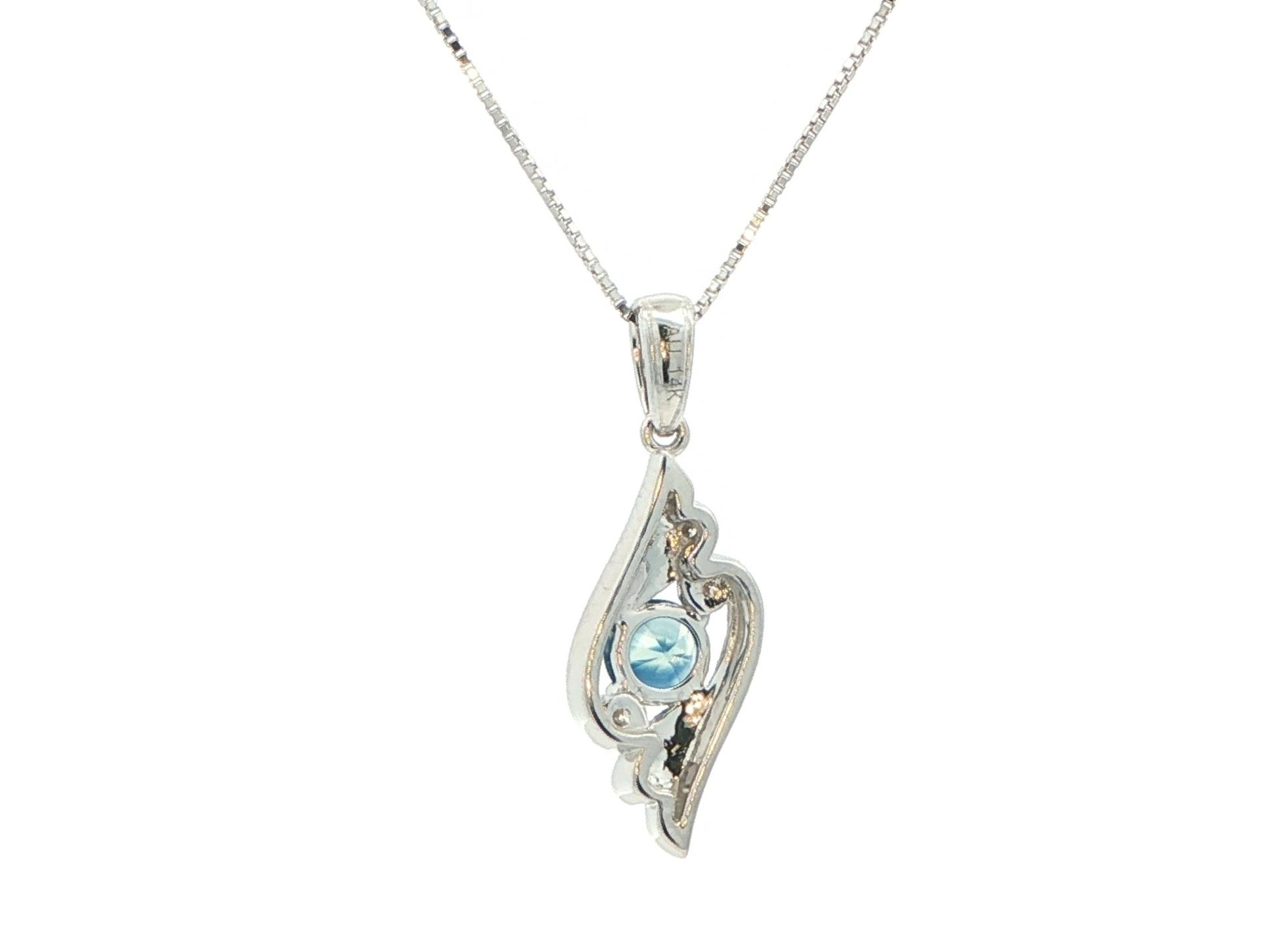 Hand Engraved Wing Drop Montana Sapphire and Diamond Necklace in White Gold (0.47cts TWT) back