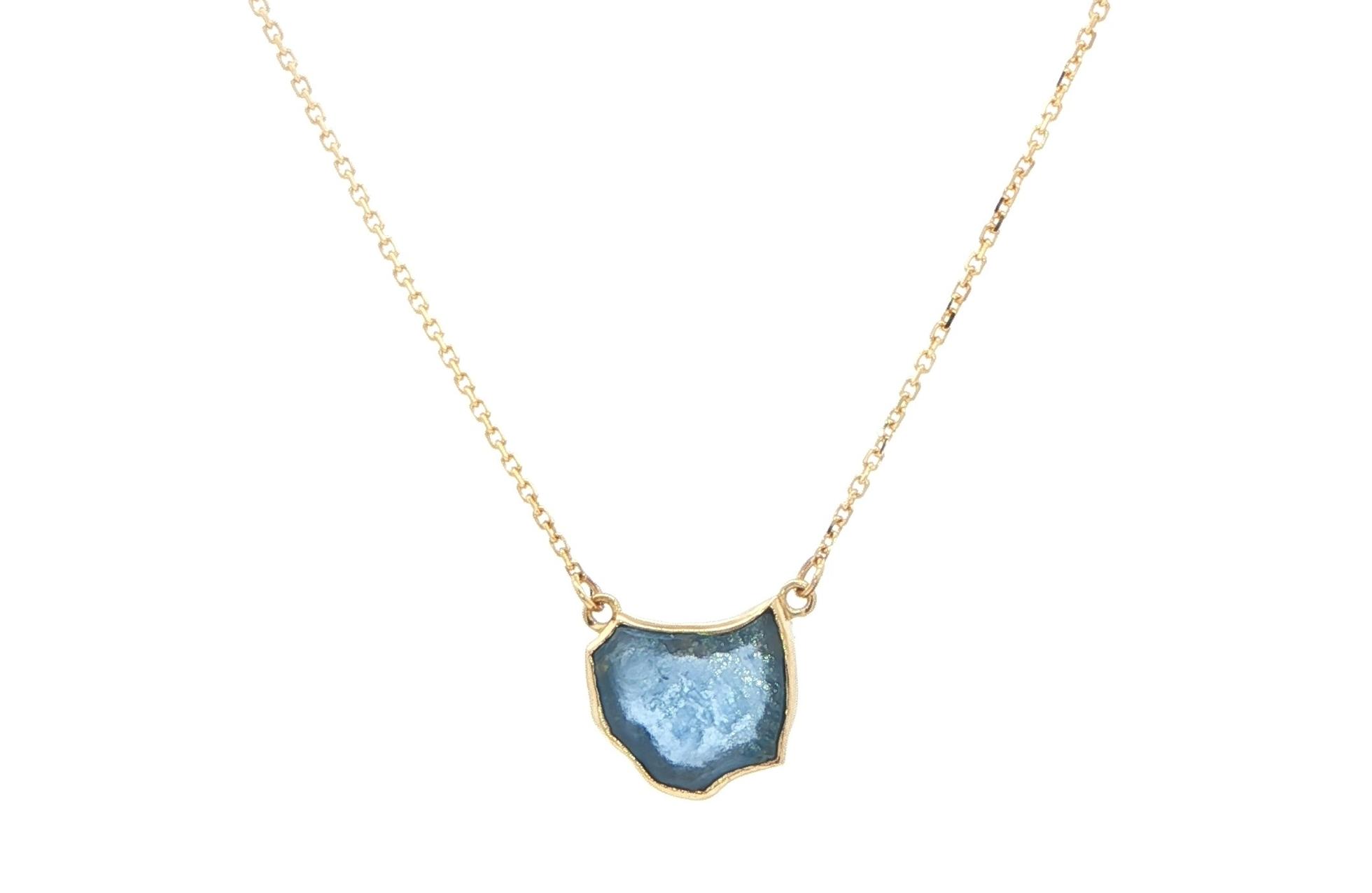 Bezel-Set Flat Raw Montana Yogo Sapphire Necklace in Yellow Gold (1.42ct)