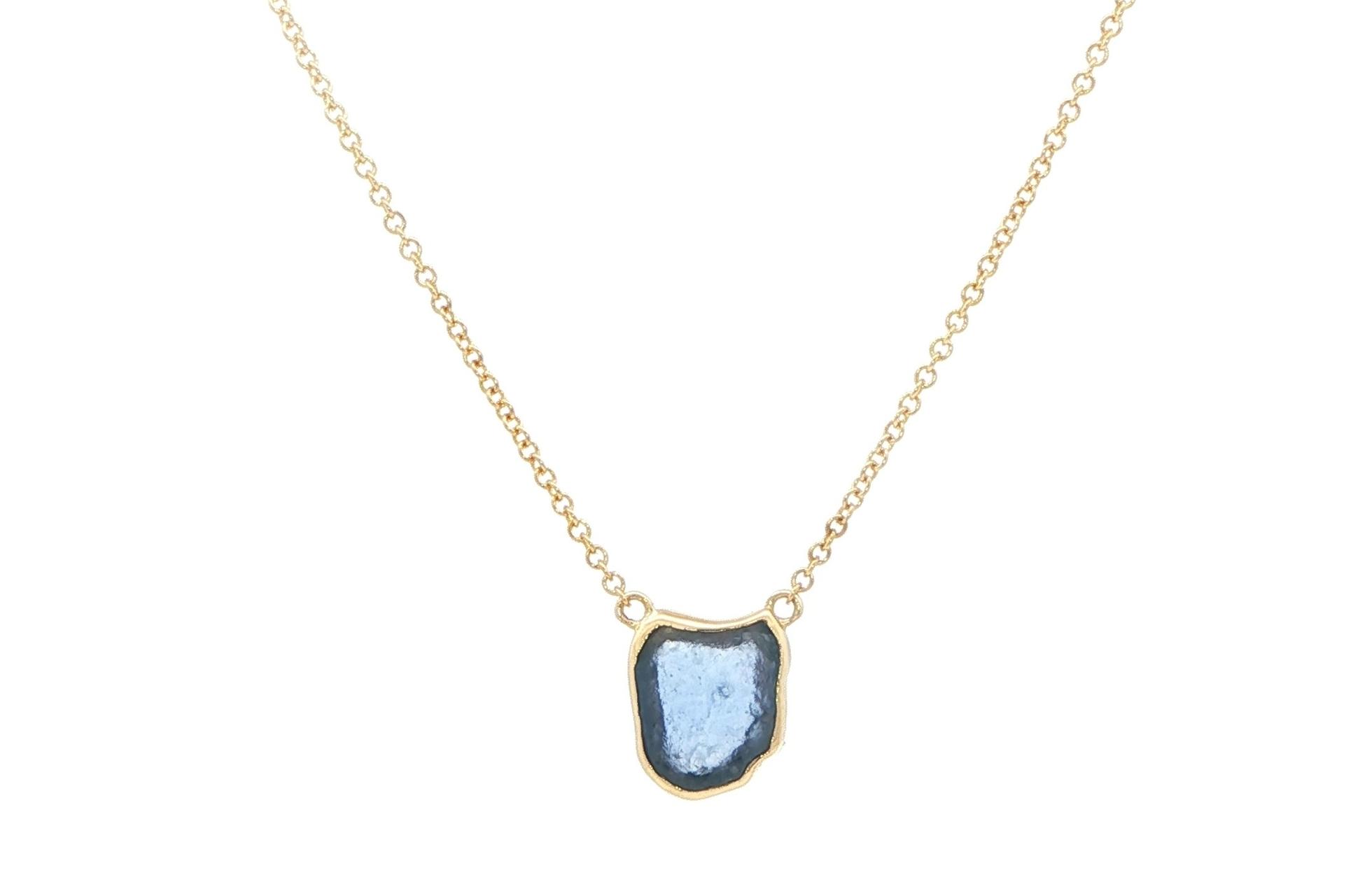 Bezel-Set Flat Raw Montana Yogo Sapphire Necklace in Yellow Gold (0.83ct)