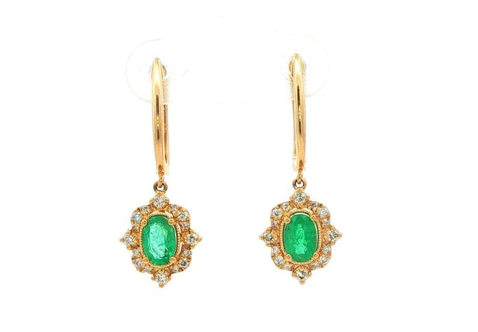 content/products/Vintage Style Emerald and Diamond Halo Dangle Earrings in Yellow Gold (1.06cts TWT)