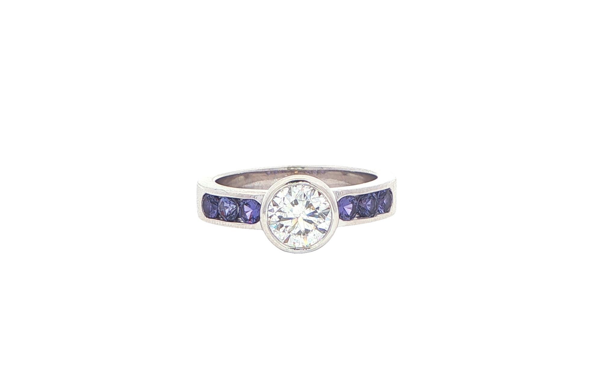 Bezel-Set Low Profile Diamond and Channel-Set Huckleberry Sapphire Ring in White Gold (1.62cts TWT)