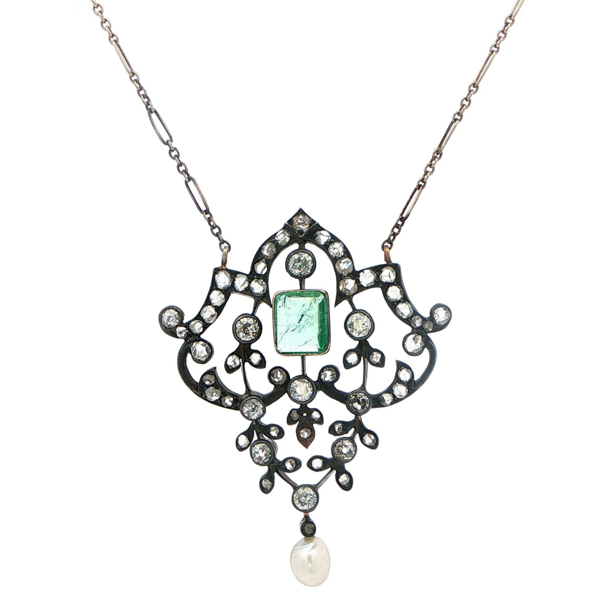 Estate Piece: Antique Emerald and Diamond and Pearl Necklace in Yellow Gold with Black Antiquing and Sterling Silver (3.00cts TWT)