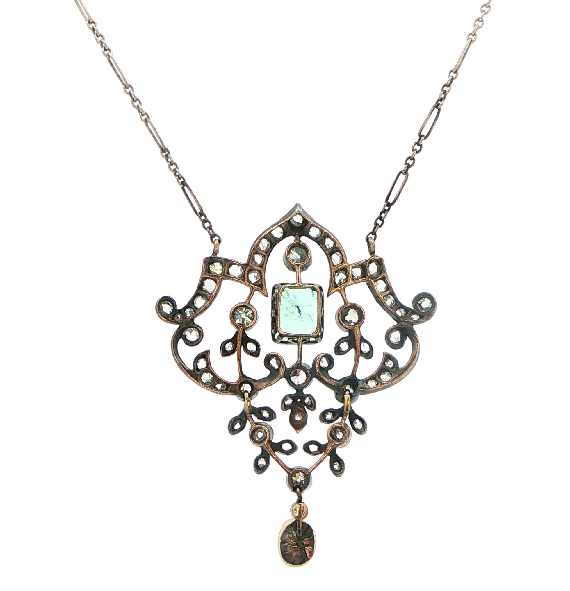 Estate Piece: Antique Emerald and Diamond and Pearl Necklace in Yellow Gold with Black Antiquing and Sterling Silver (3.00cts TWT) back