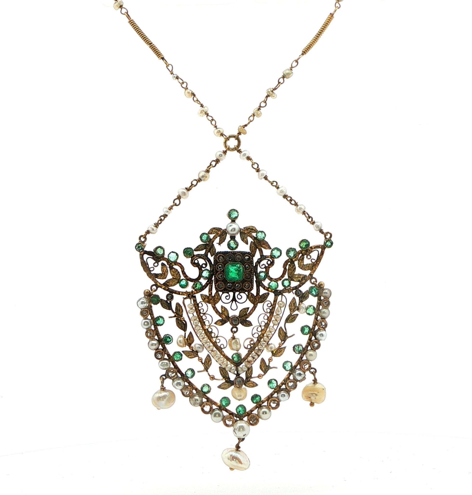 Estate Piece: Vintage Pearl and Emerald and Diamond Necklace in Yellow Gold