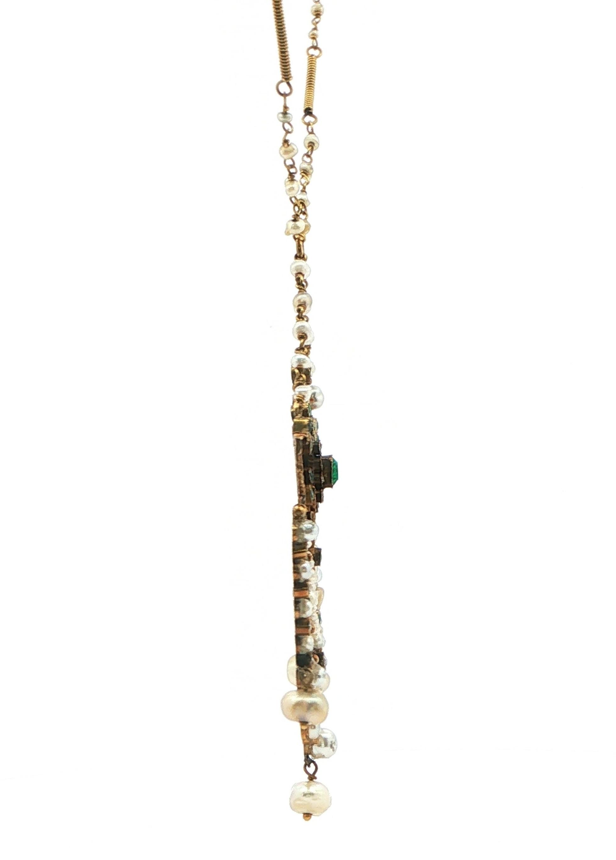 Estate Piece: Vintage Pearl and Emerald and Diamond Necklace in Yellow Gold side