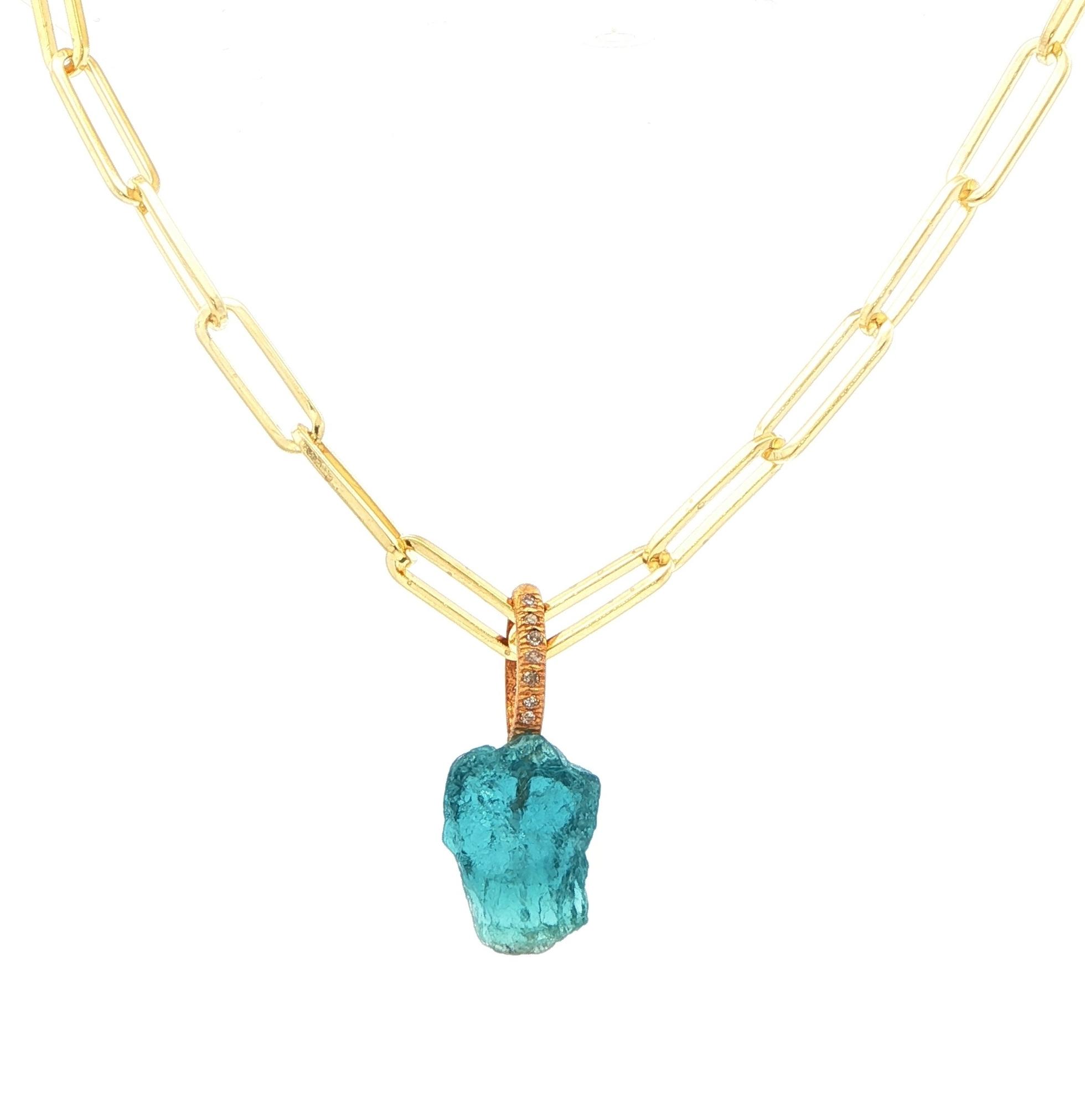 Raw Un-Cut Tourmaline and Diamond Drop Necklace in Yellow Gold and Sterling Silver