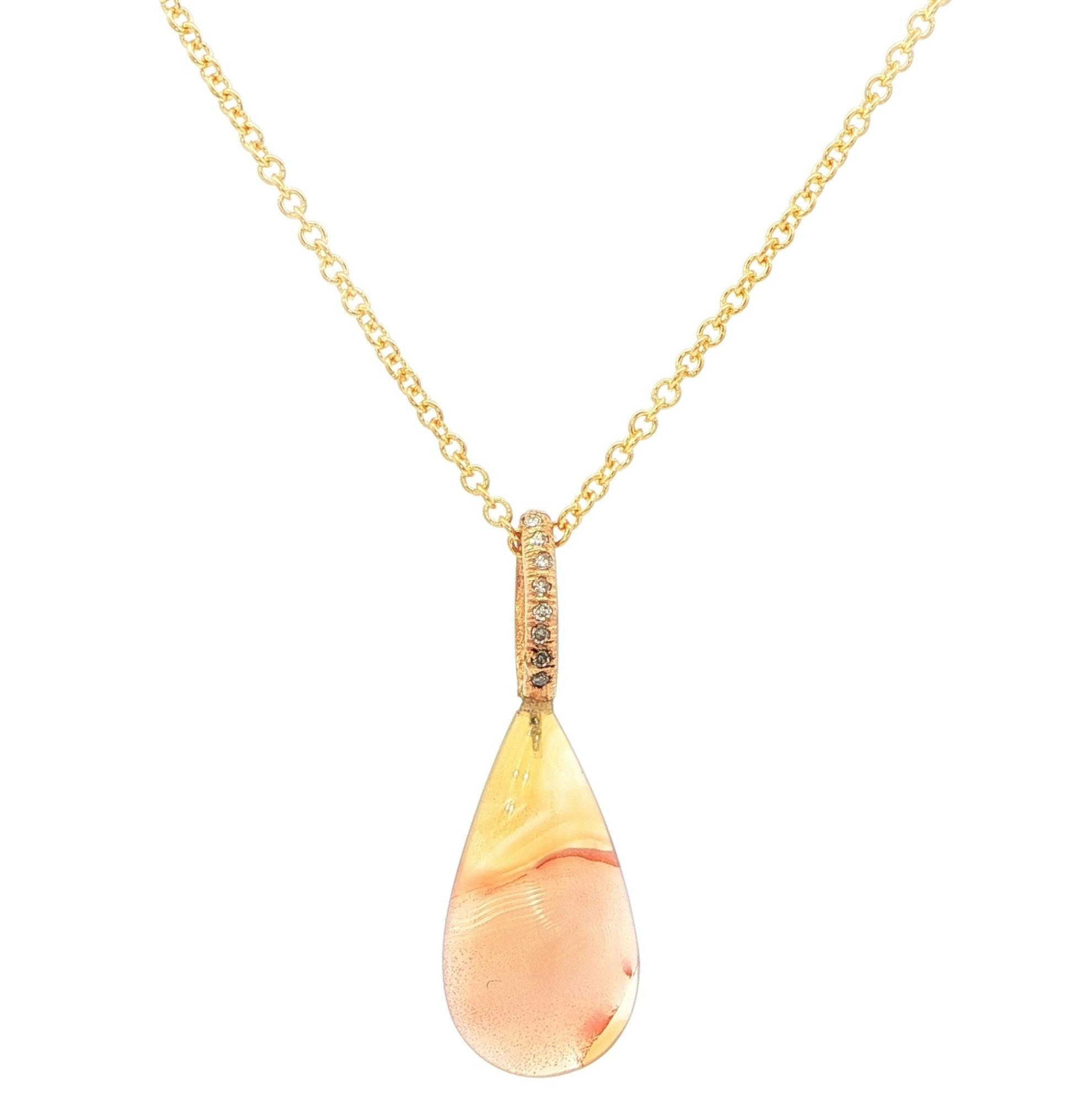 Fossilized Wood Opal and Diamond Drop Necklace in Yellow Gold