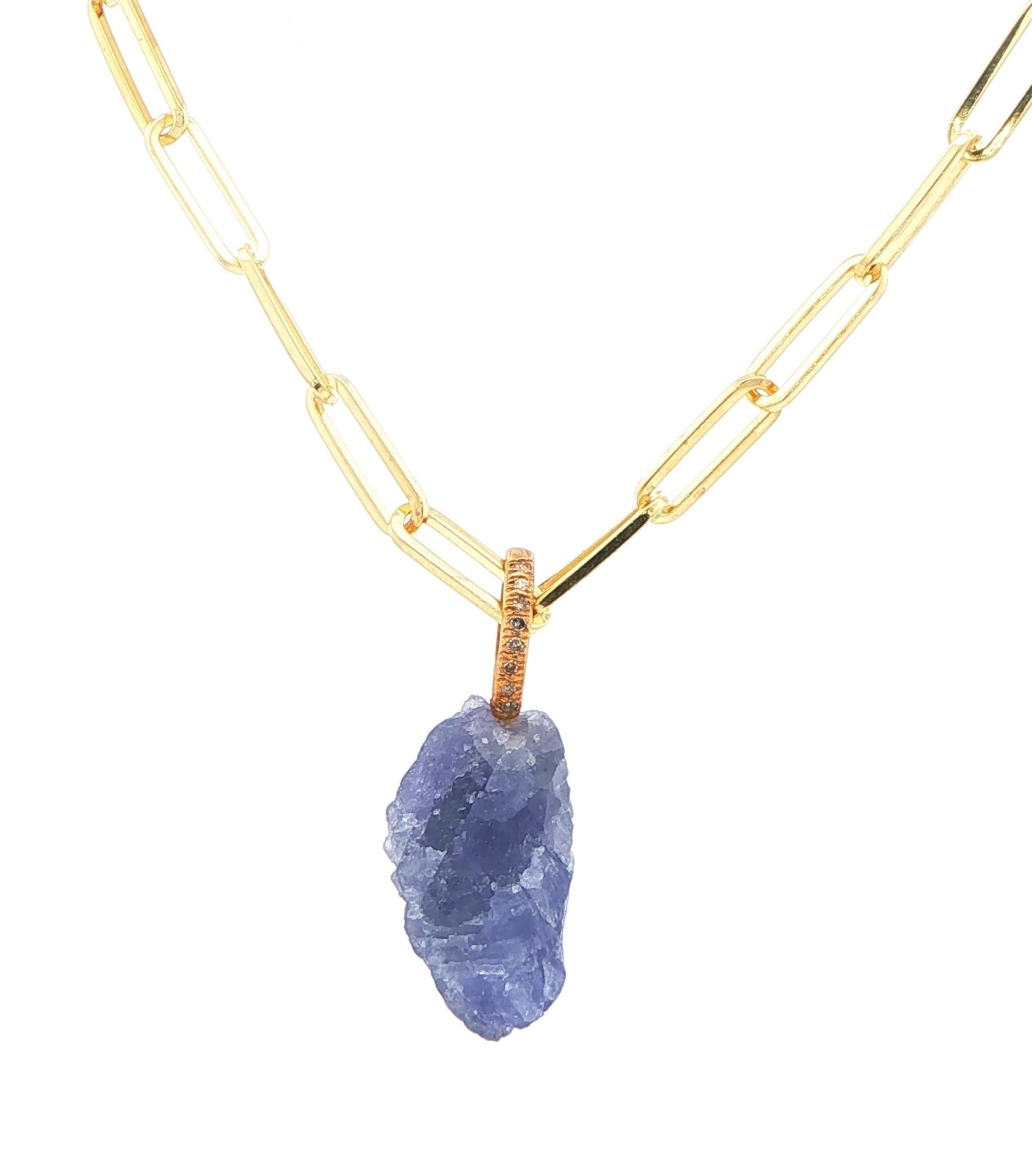 Raw-Cut Tanzanite and Diamond Drop Necklace in Yellow Gold and Sterling Silver
