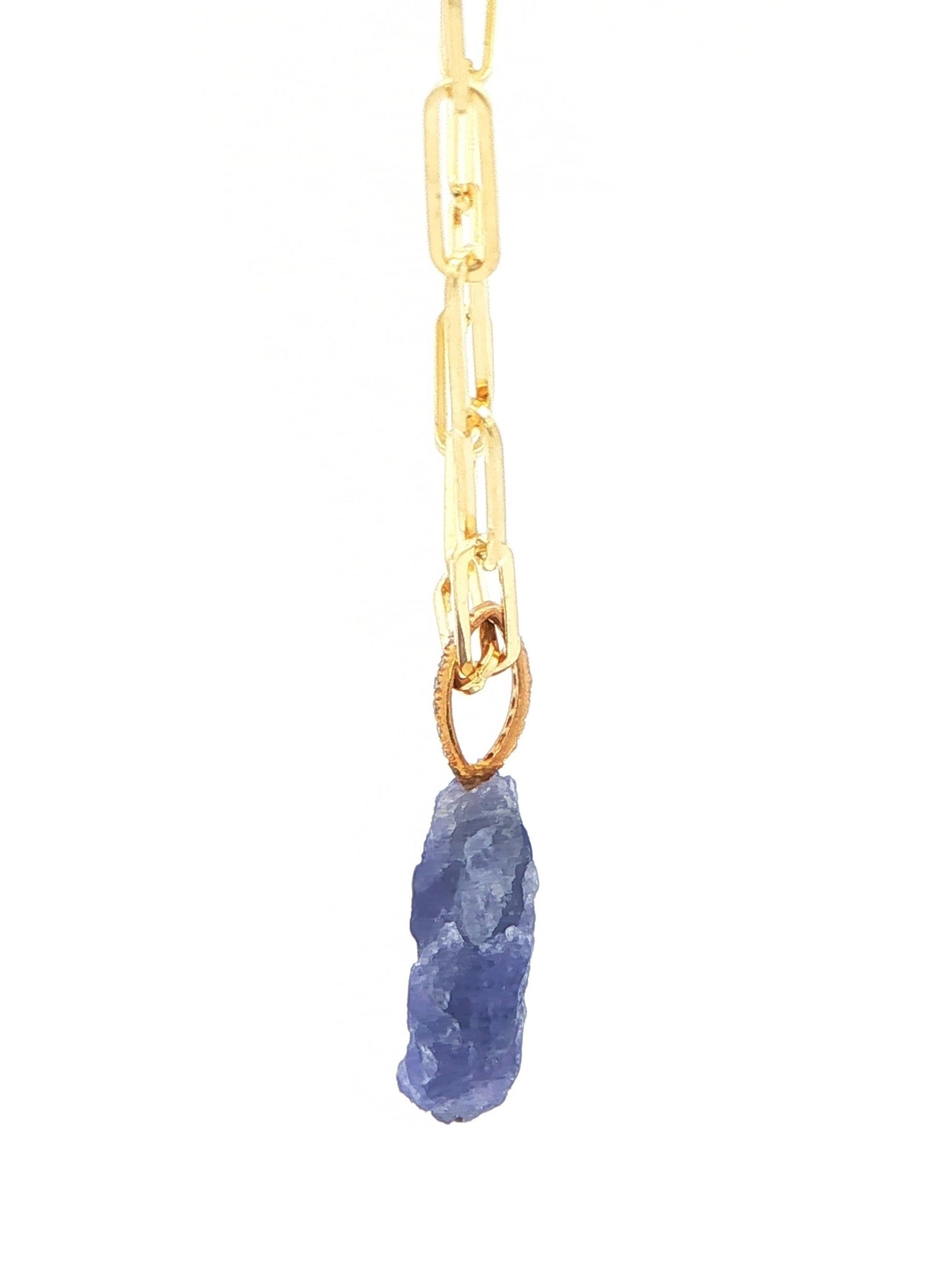 Raw-Cut Tanzanite and Diamond Drop Necklace in Yellow Gold and Sterling Silver side
