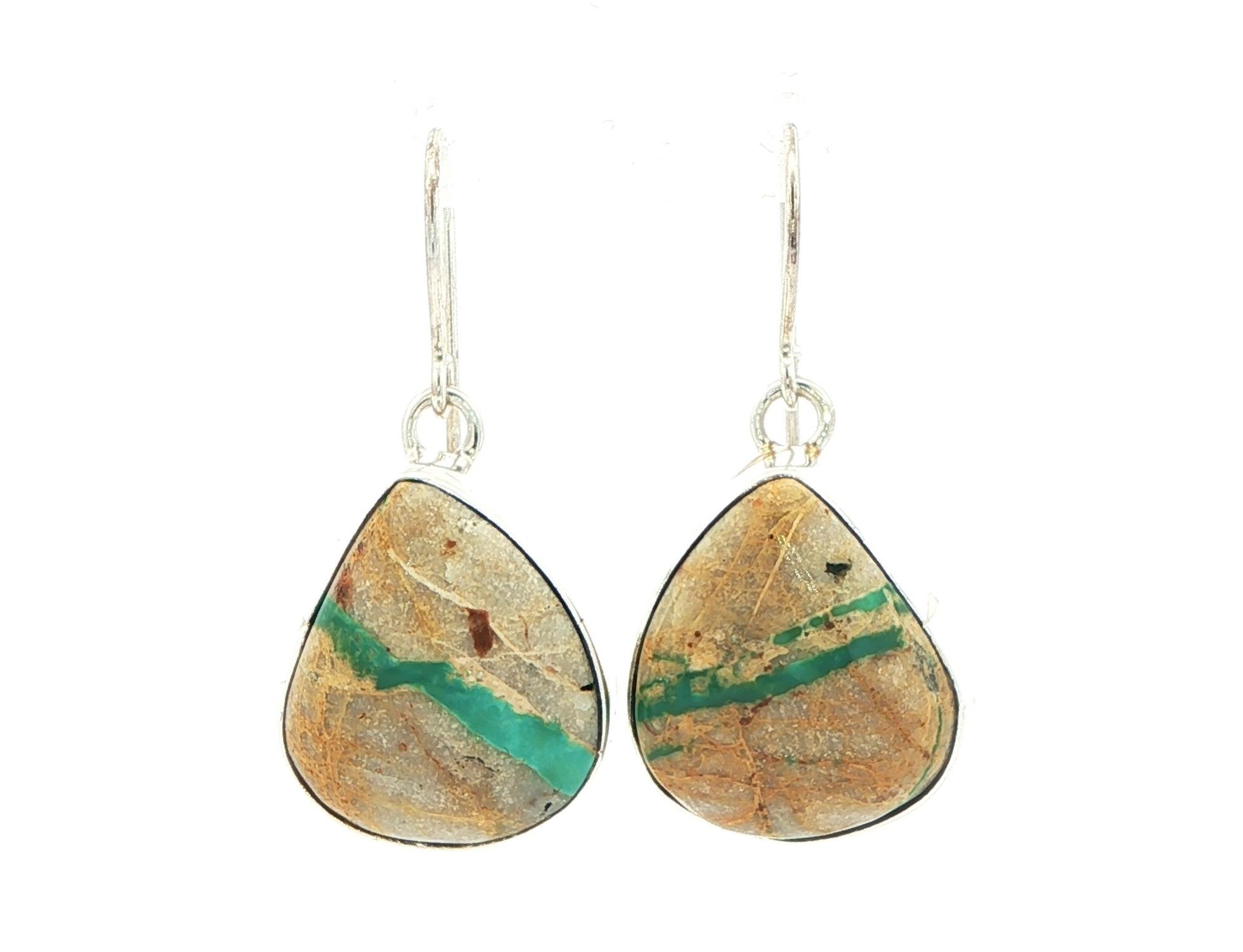 Estate Piece: Pear Cabochon Cut Agate Dangle Earrings in Sterling Silver