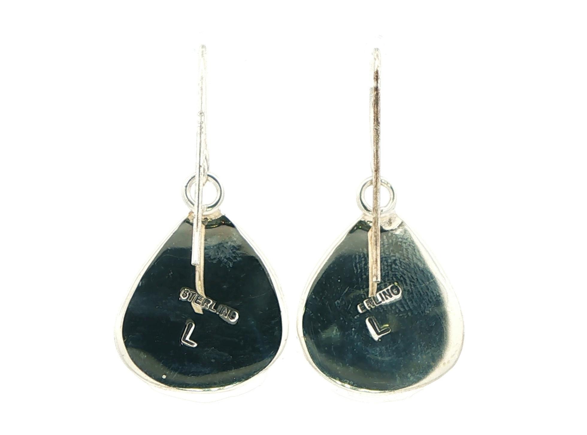Estate Piece: Pear Cabochon Cut Agate Dangle Earrings in Sterling Silver back