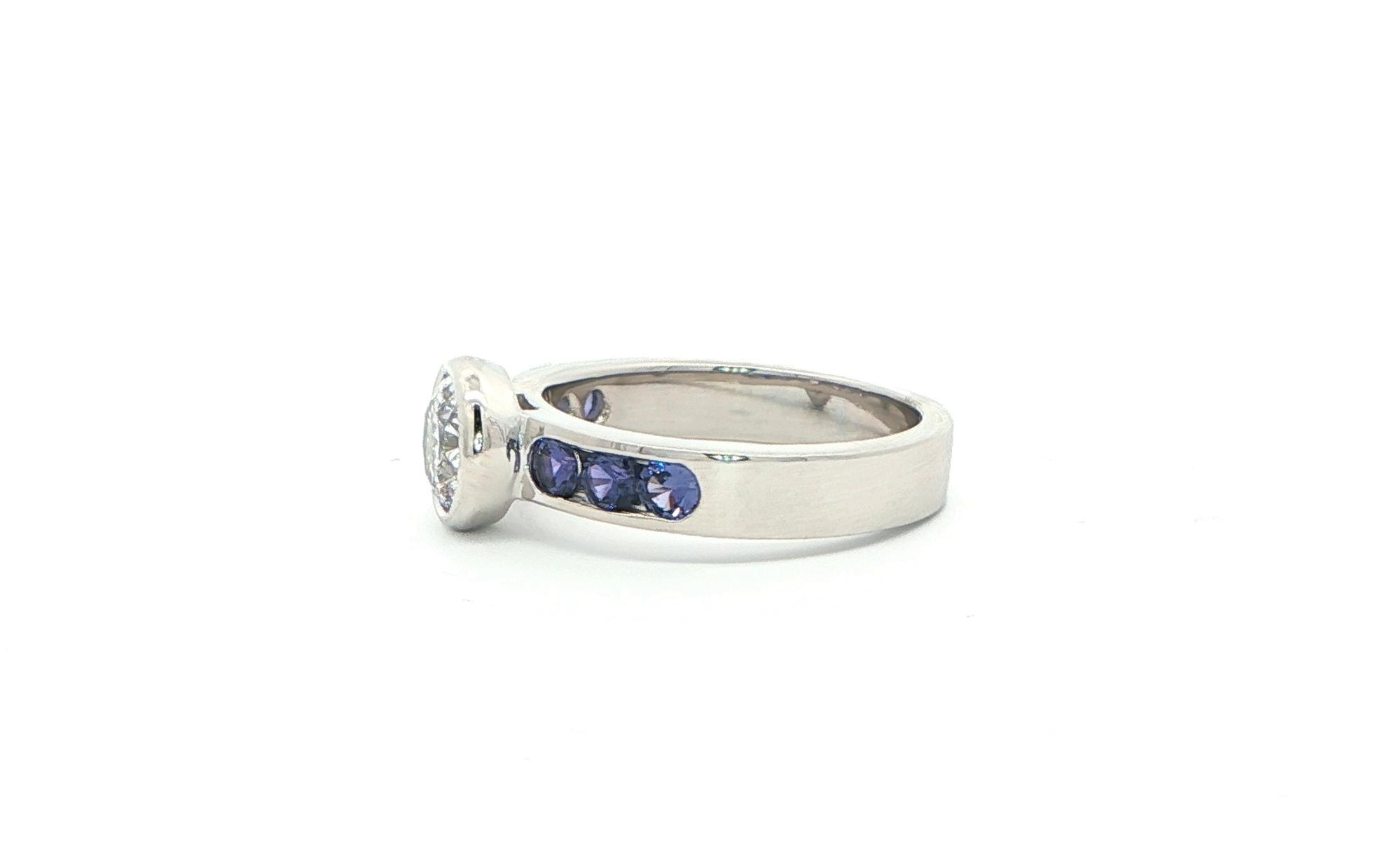 Bezel-Set Low Profile Diamond and Channel-Set Huckleberry Sapphire Ring in White Gold (1.62cts TWT) side