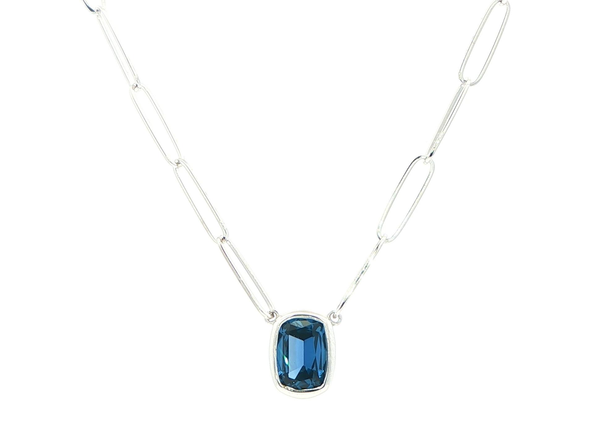 Bezel-set Cushion-cut Montana Yogo Sapphire Necklace on Split Paperclip Chain in White Gold (1.20cts)