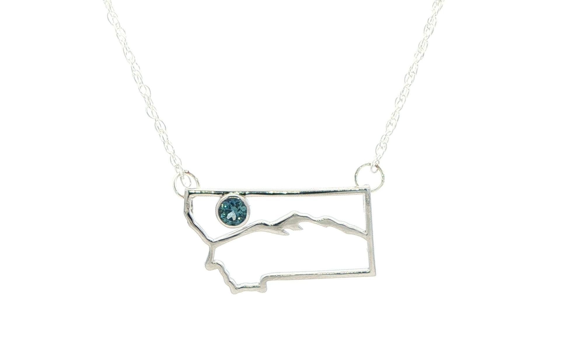 Bezel-Set Montana Sapphire Montana Outline with Mountain Silhouette Necklace on Split Chain in Sterling Silver (0.18cts)