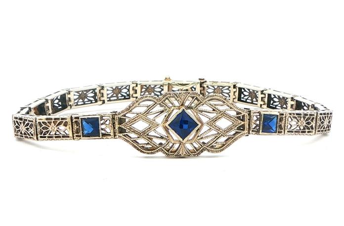 content/products/Estate Piece: Antique Filigree Synthetic Sapphire Bracelet in White Gold 
