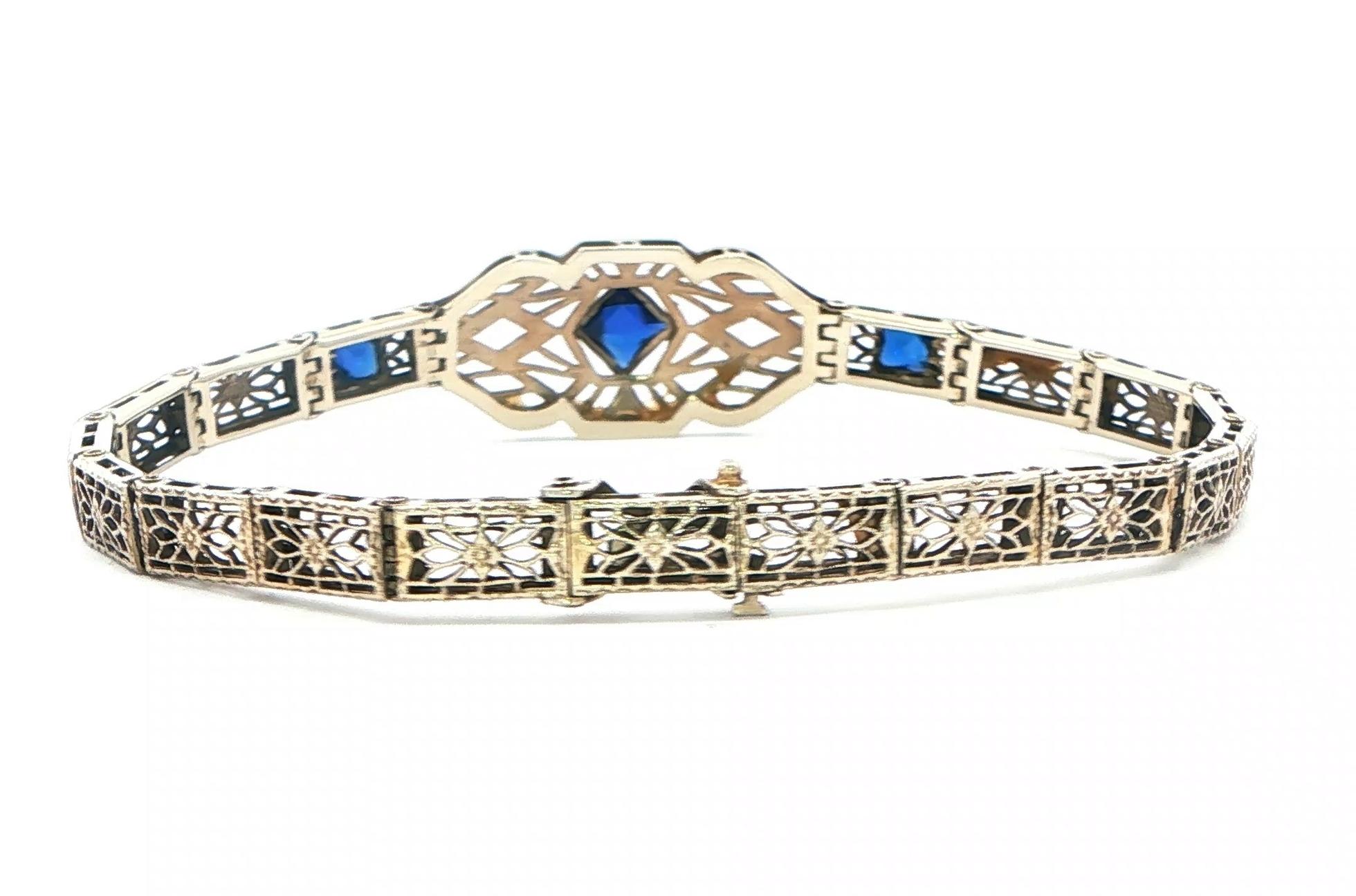 Estate Piece: Antique Filigree Synthetic Sapphire Bracelet in White Gold  back