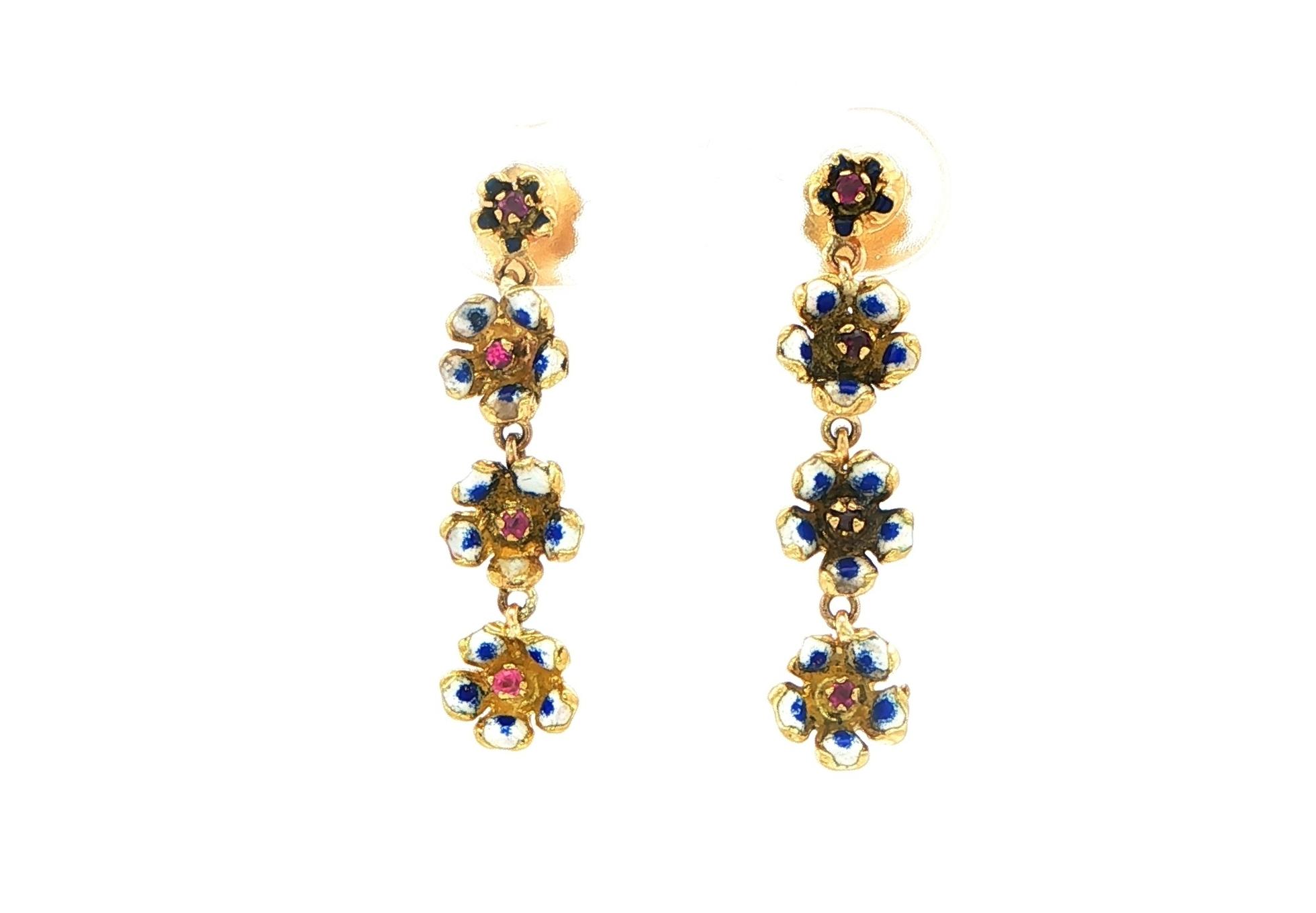 Estate Piece: Forget Me Not Ruby and Enamel Dangle Earrings in Yellow Gold 