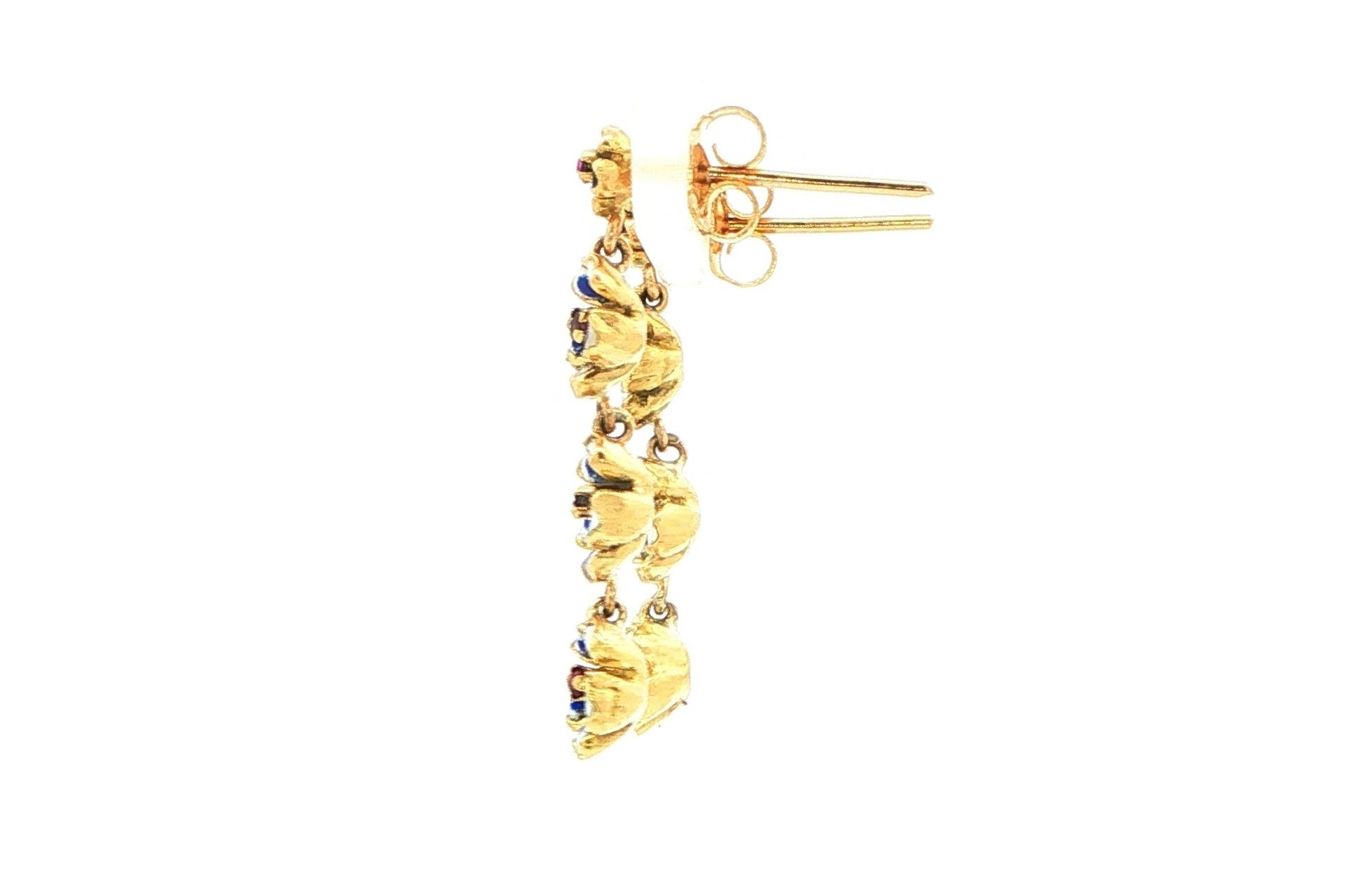 Estate Piece: Forget Me Not Ruby and Enamel Dangle Earrings in Yellow Gold  side