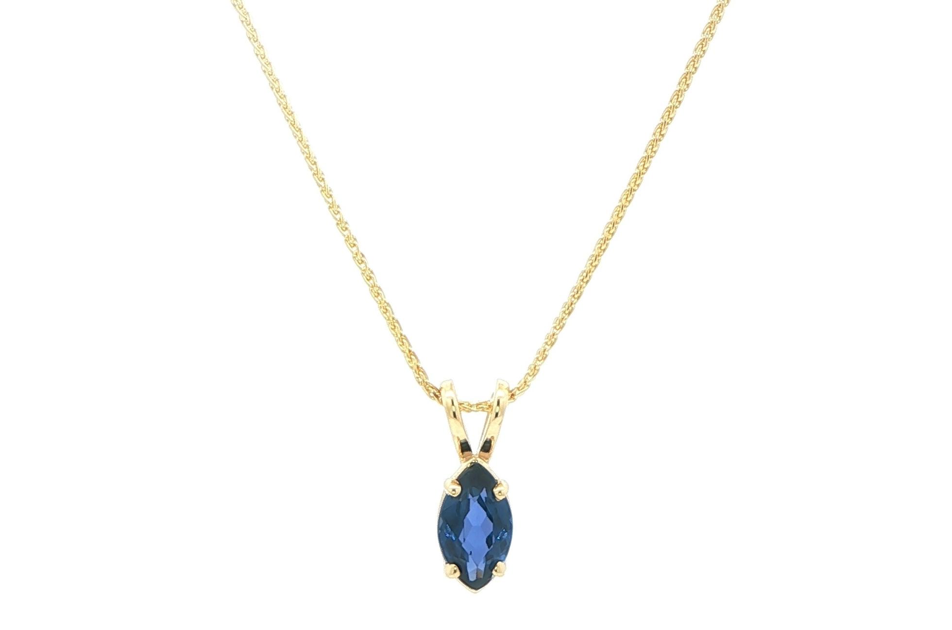 Solitaire Marquise-cut Montana Yogo Sapphire Necklace with Rabbit Ear Bail in Yellow Gold (1.05cts)