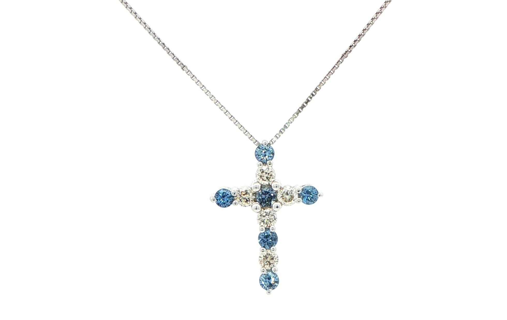 11-stone Alternating Montana Yogo Sapphire and Diamond Cross Necklace in White Gold (0.63cts TWT)