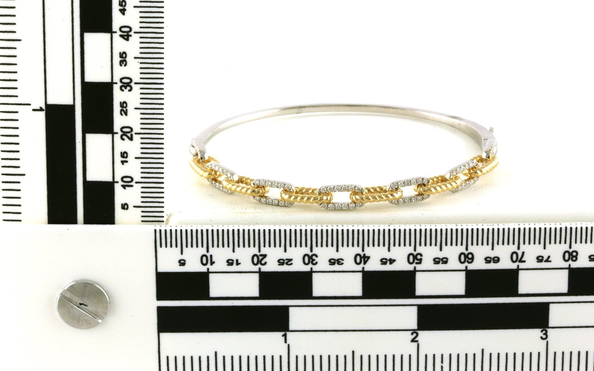 Two Tone Diamond Pave Textured Paperclip Link Hinged Bangle Bracelet in White and Yellow Gold (0.57cts TWT) scale