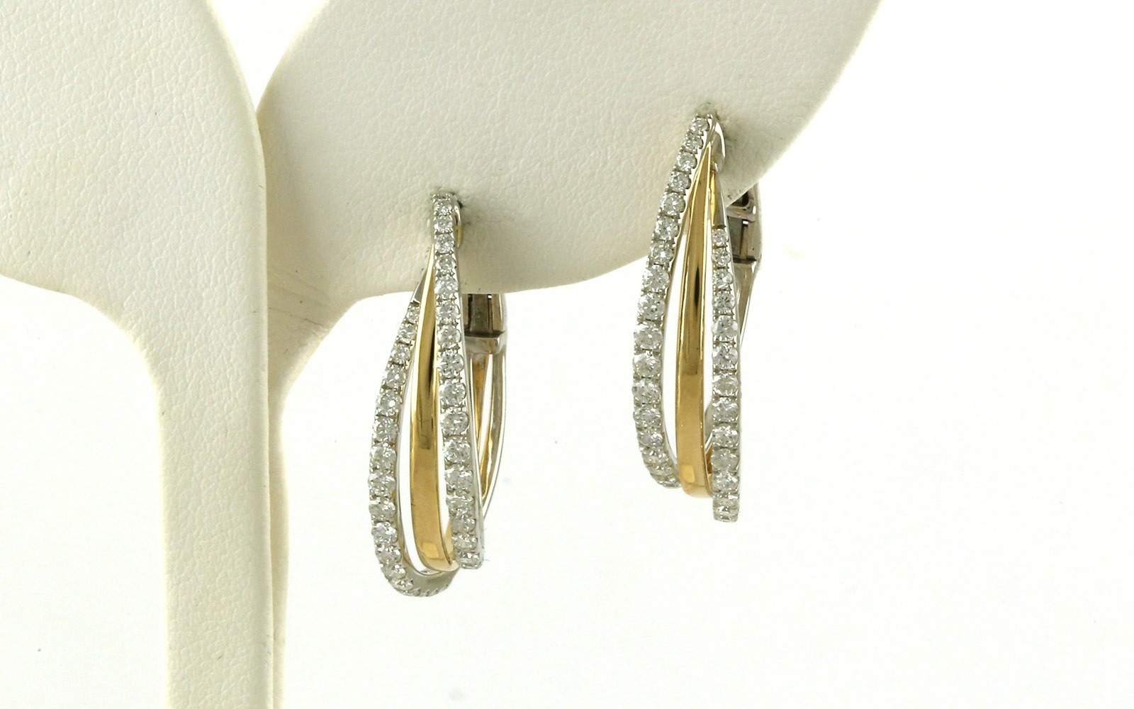 Two Tone 3-Strand Overlapping Diamond Hoop Earrings in White and Yellow Gold (1.23cts TWT)