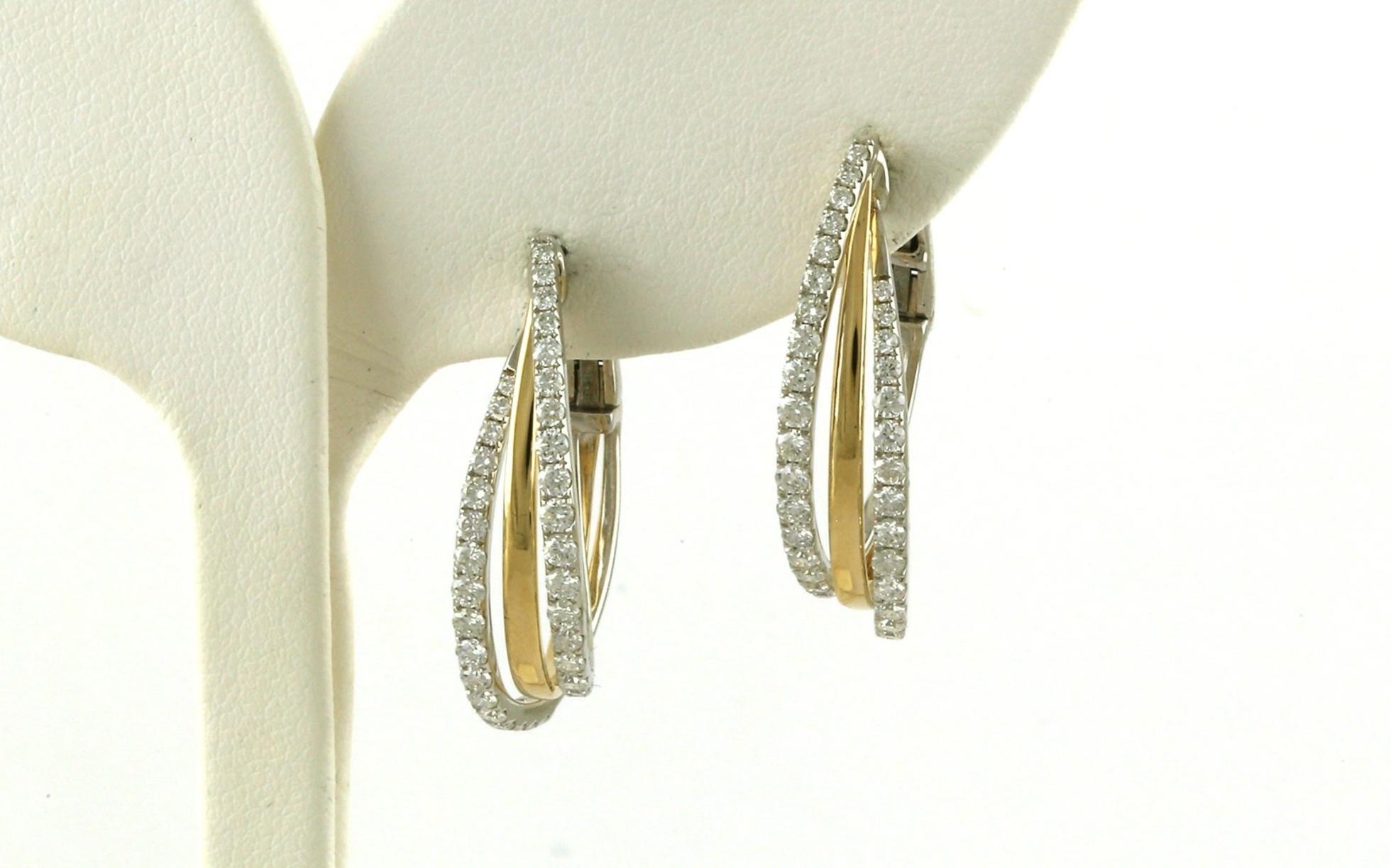 Two Tone 3-Strand Overlapping Diamond Hoop Earrings in White and Yellow Gold (1.23cts TWT)