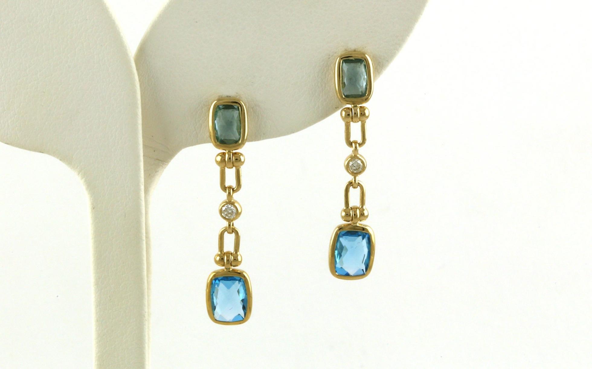 3-Stone Blue Topaz and Diamond Drop Earrings in Yellow Gold (3.59cts TWT)