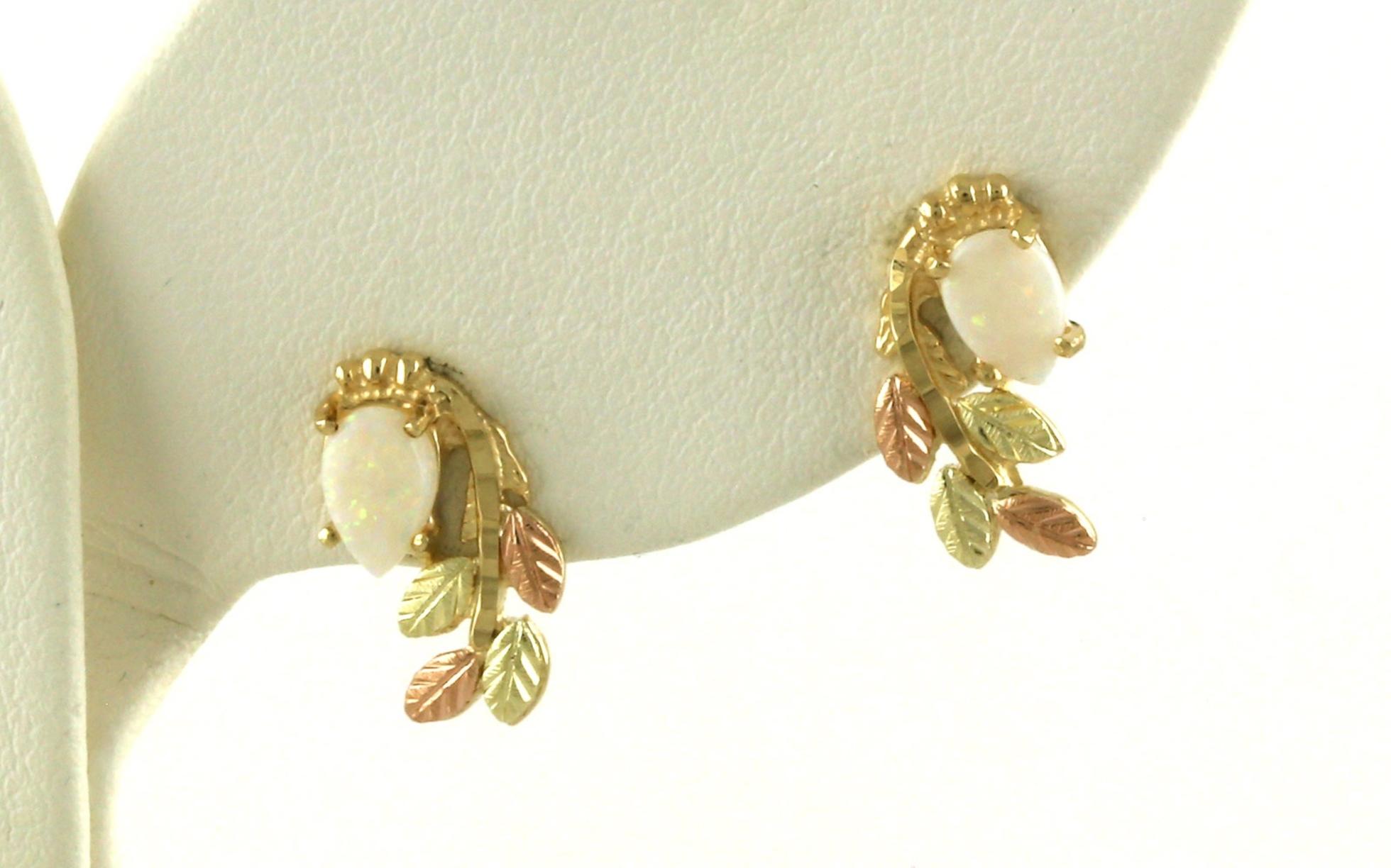 Estate Piece: Two Tone Opal Leafy Black Hills Gold Stud Earrings in Gold