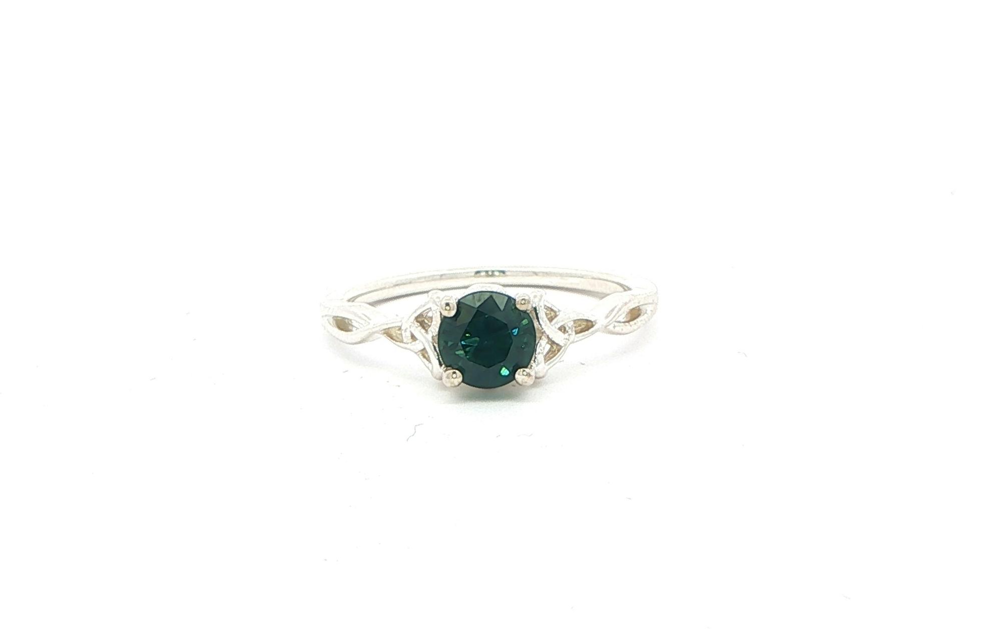 Solitaire Woven Celtic Knot Blue-Green Montana Sapphire Ring in Sterling Silver (0.85cts)
