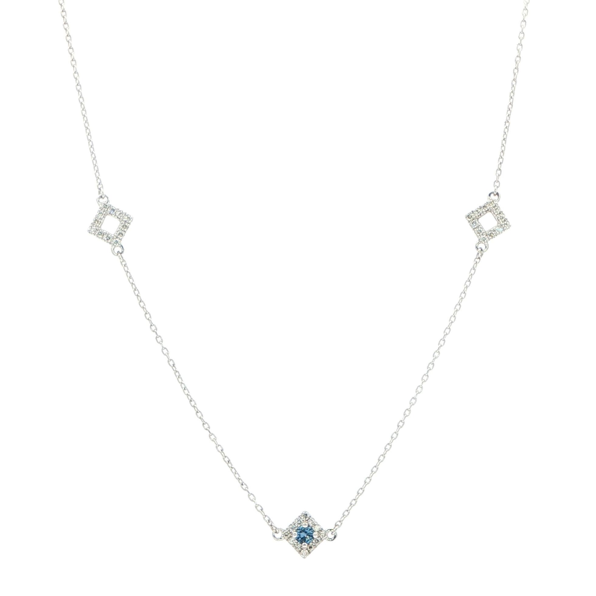 Montana Yogo Sapphire and Diamond Square Station Necklace in White Gold (0.45cts TWT)