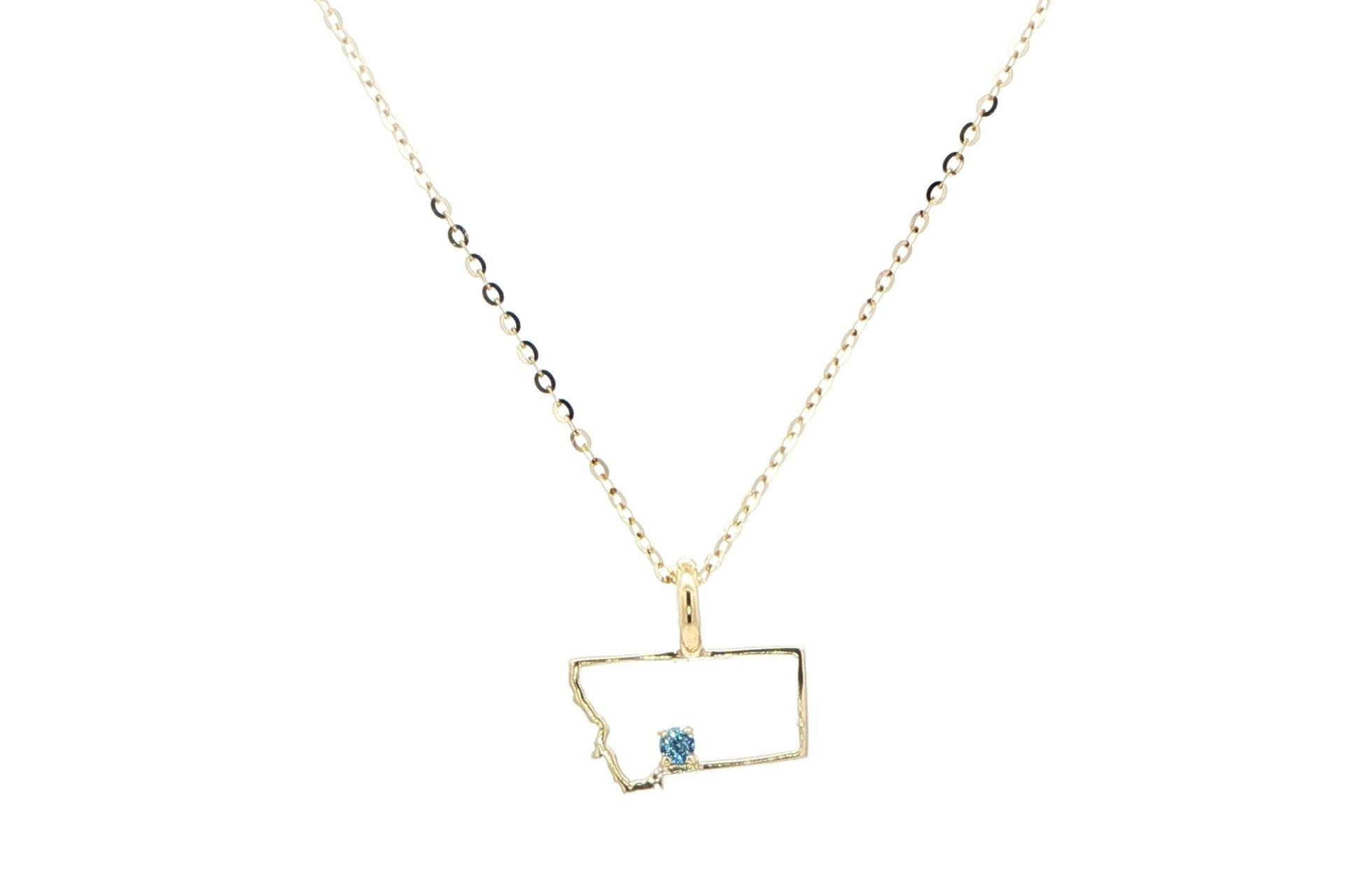 Petite State of Montana Outline Necklace with Montana Yogo Sapphire in Yellow Gold (0.01cts)