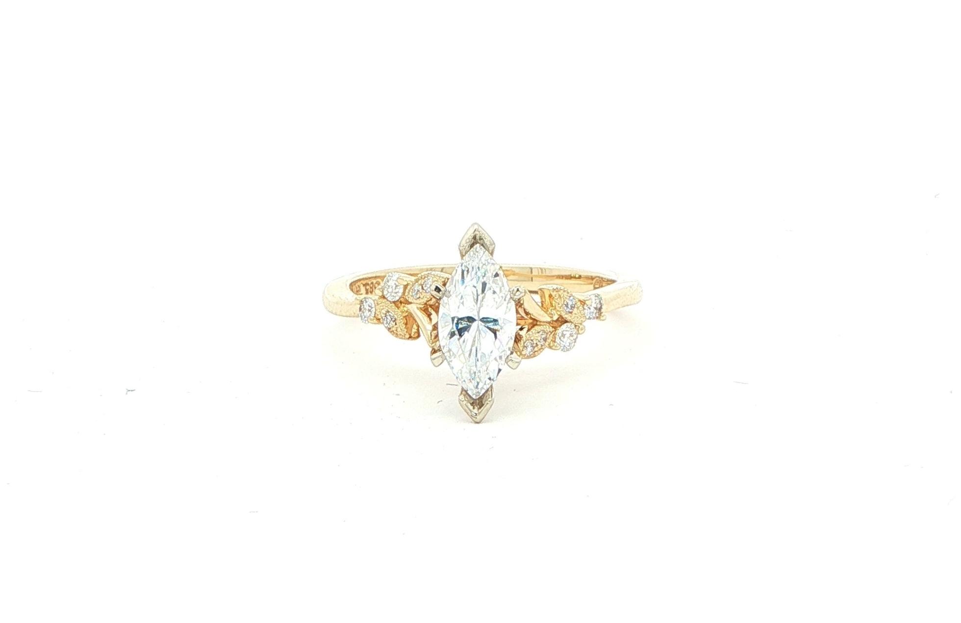 Marquise Cut Engagement Ring Mounting with Floral Diamond Accents in Yellow Gold (0.10cts TWT)