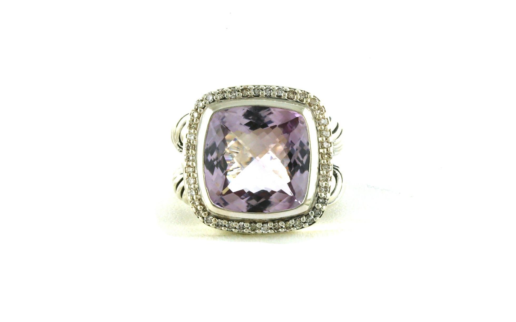 Estate Piece: David Yurman Cushion-Cut Amethyst and Diamond Halo Rope Split Shank Ring in Sterling Silver (0.33cts TWT)