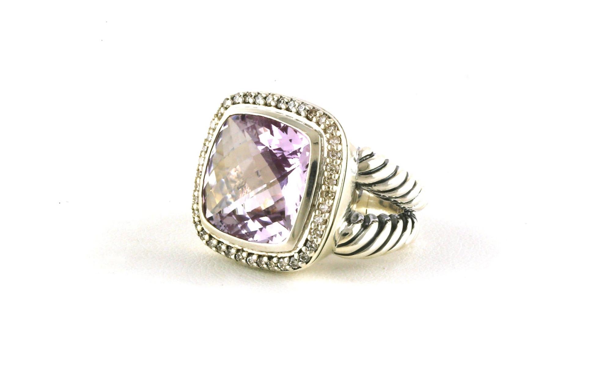 Estate Piece: David Yurman Cushion-Cut Amethyst and Diamond Halo Rope Split Shank Ring in Sterling Silver (0.33cts TWT) angled
