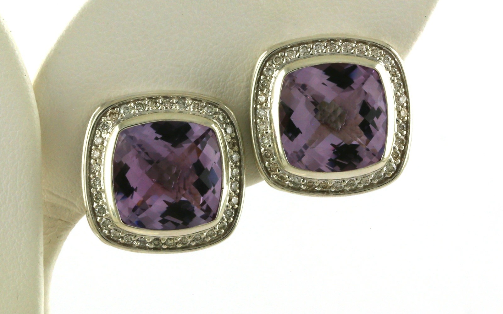 Estate Piece: David Yurman Cushion-Cut Amethyst and Diamond Halo Rope Stud Earrings in Sterling Silver (0.50cts TWT)
