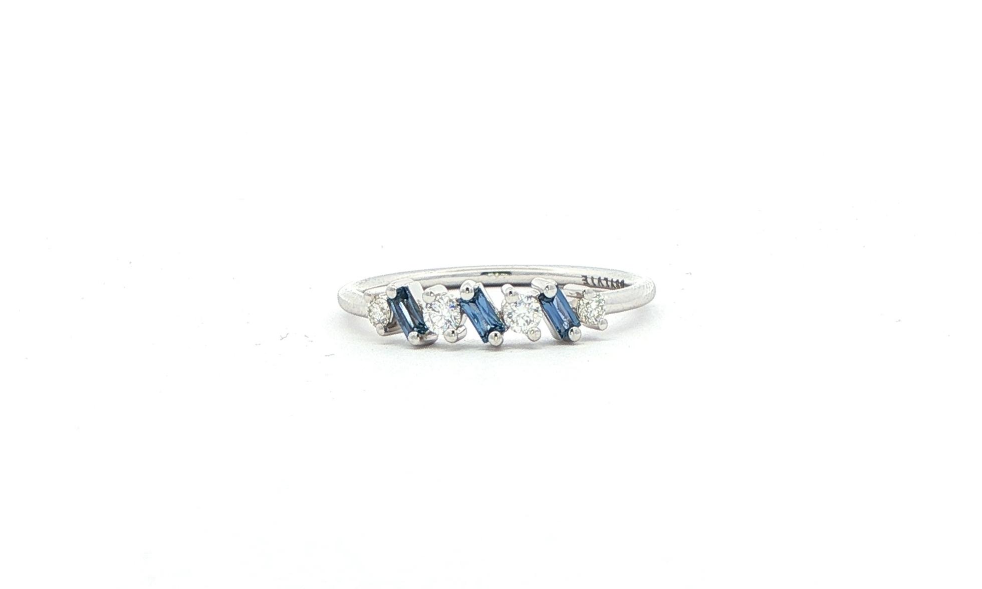7-Stone Baguette-cut Montana Yogo Sapphire and Round Diamond Ring in White Gold (0.36cts TWT)