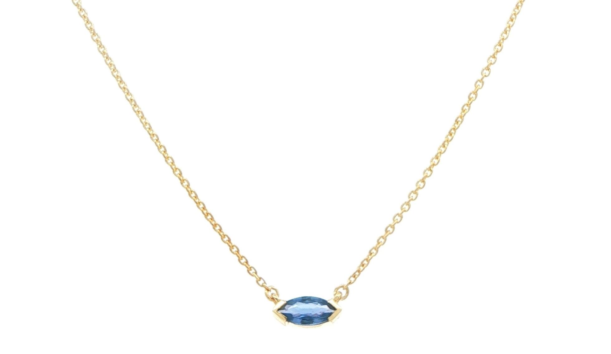 Solitaire East-West Marquise-cut Montana Yogo Sapphire Necklace on Split Chain in Yellow Gold (0.30cts)