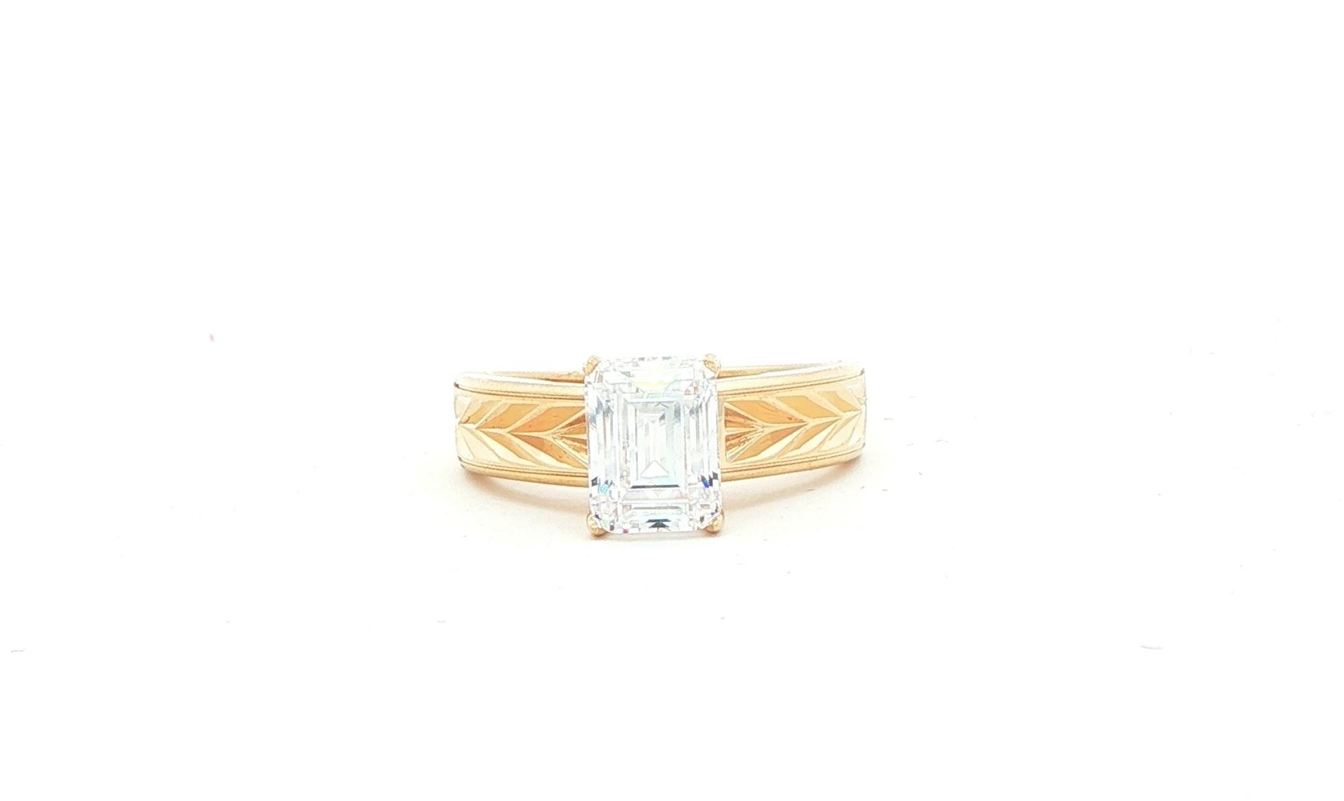 Hidden Halo Emerald Cut Engagement Ring Mounting with Engraved Details in Yellow Gold (0.07cts TWT)