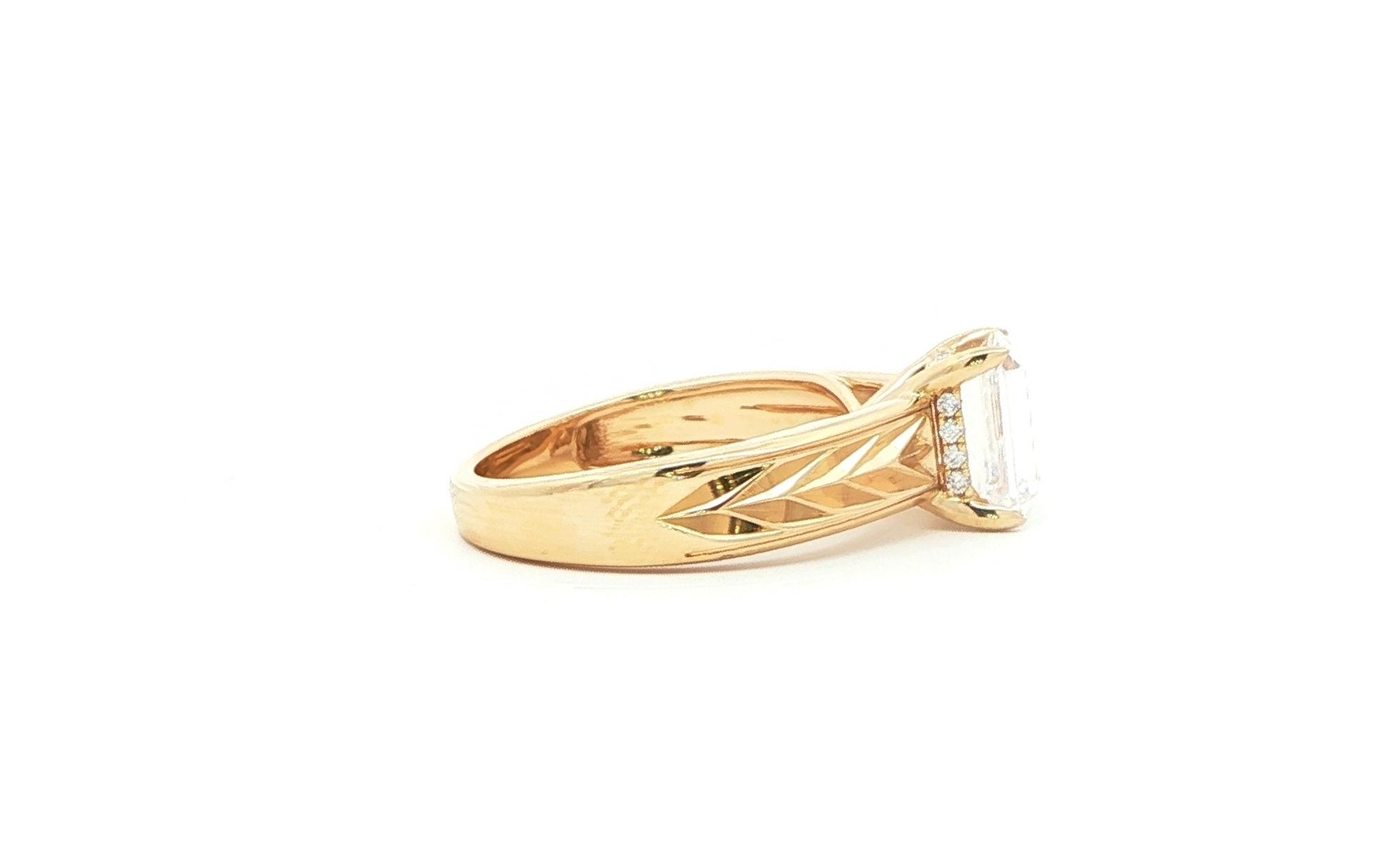 Hidden Halo Emerald Cut Engagement Ring Mounting with Engraved Details in Yellow Gold (0.07cts TWT) side