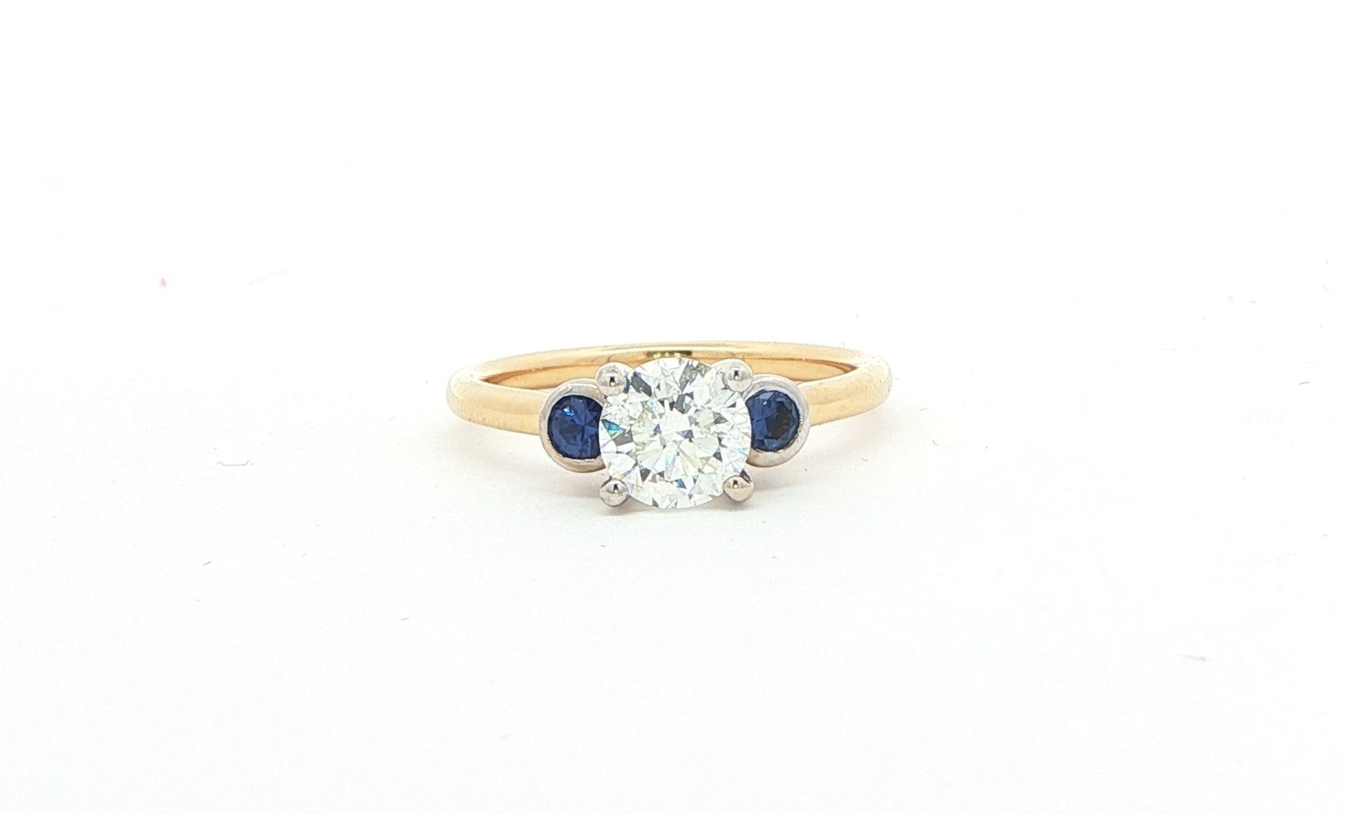 3-Stone Diamond and Montana Yogo Sapphire Ring in Two-tone Yellow and White Gold (1.26cts TWT)