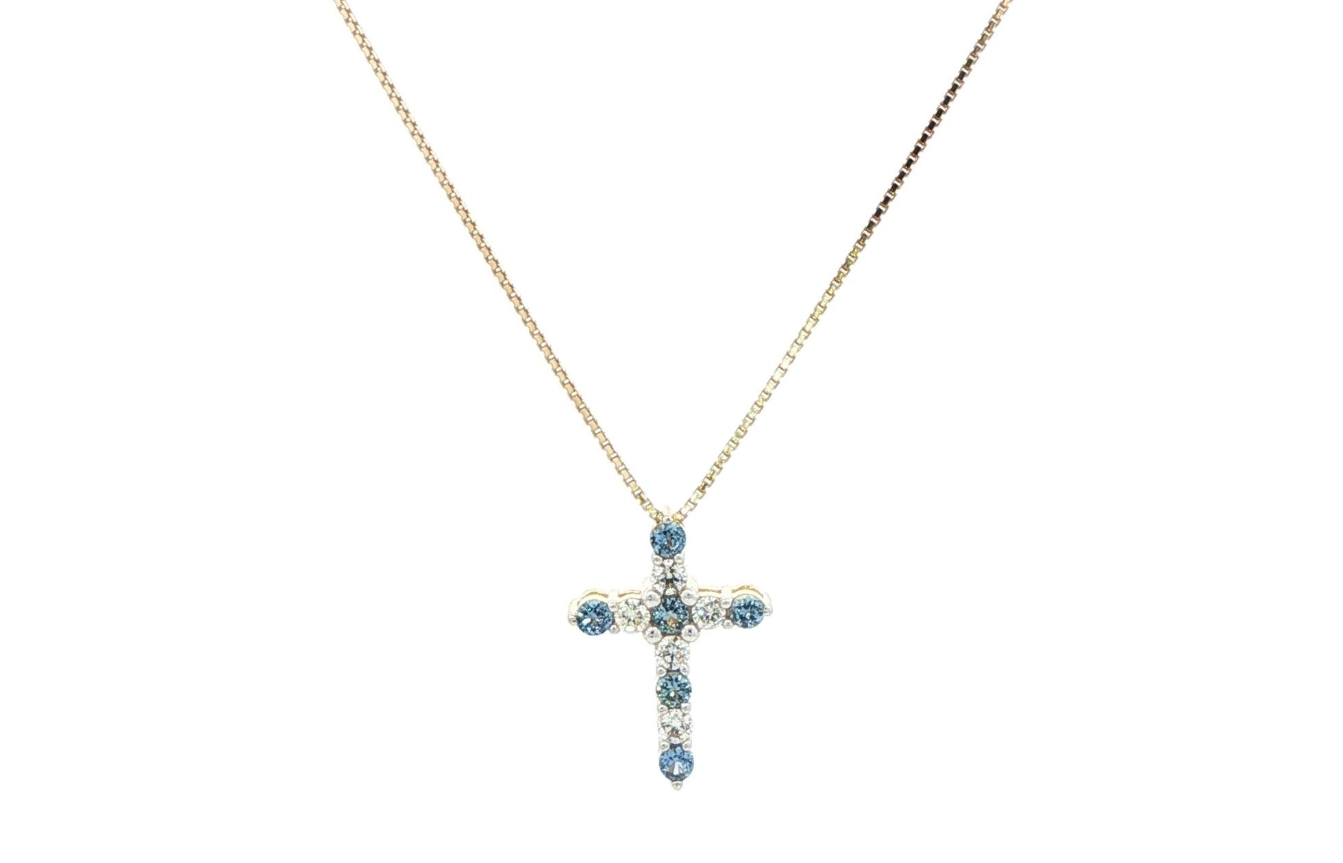 11-stone Alternating Montana Yogo Sapphire and Diamond Cross Necklace in Yellow Gold (0.23cts TWT)