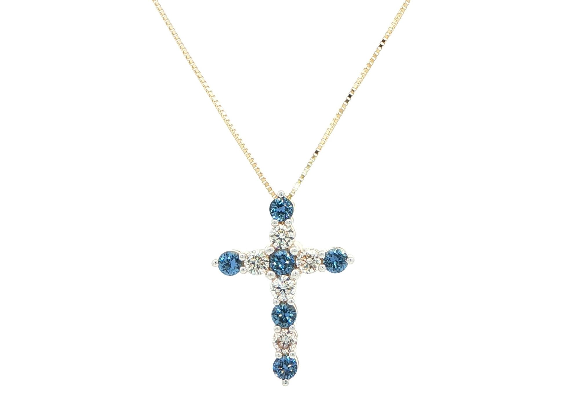11-Stone Alternating Montana Yogo Sapphire and Diamond Cross Necklace in Yellow Gold (1.12cts TWT)
