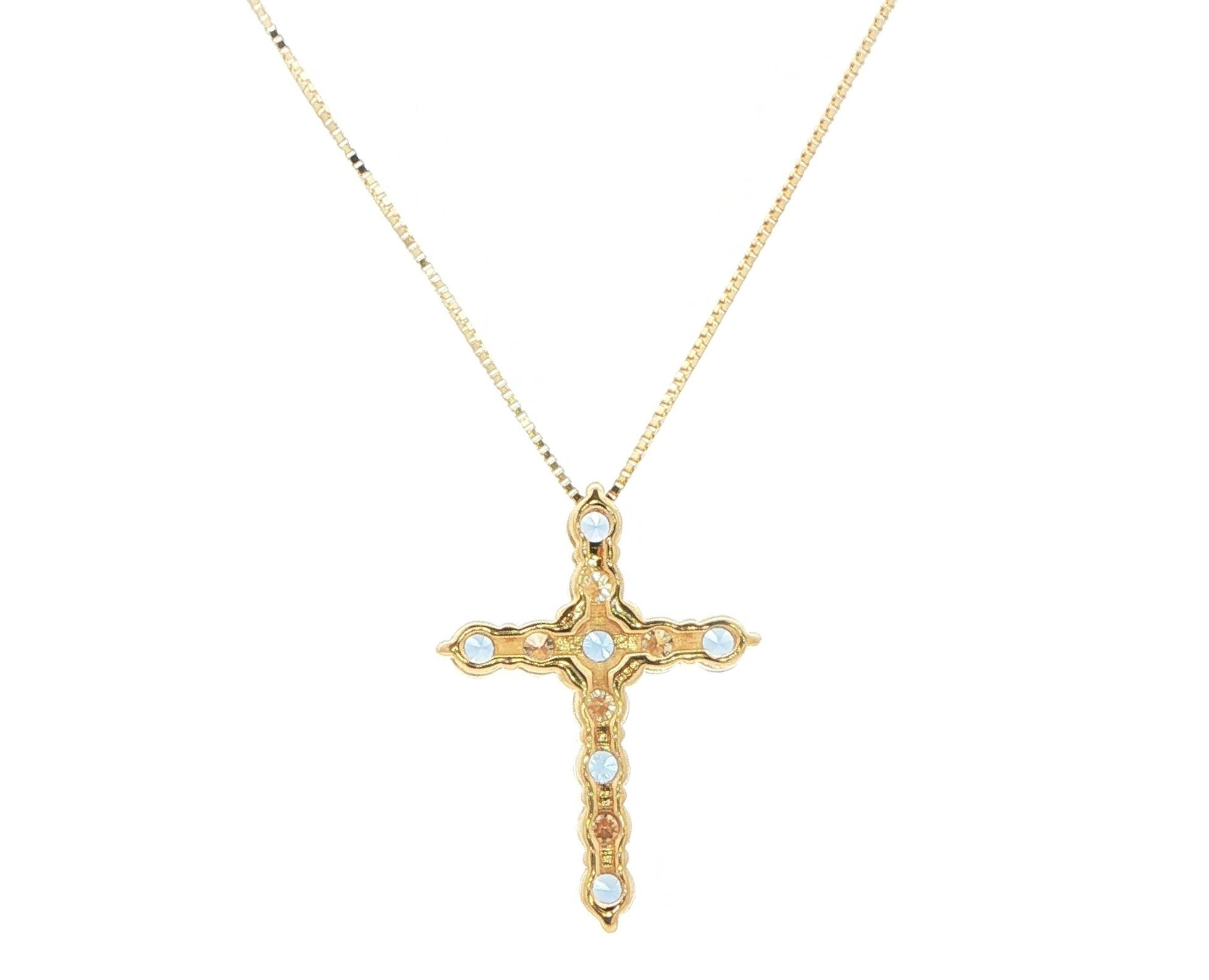 11-Stone Alternating Montana Yogo Sapphire and Diamond Cross Necklace in Yellow Gold (1.12cts TWT) back