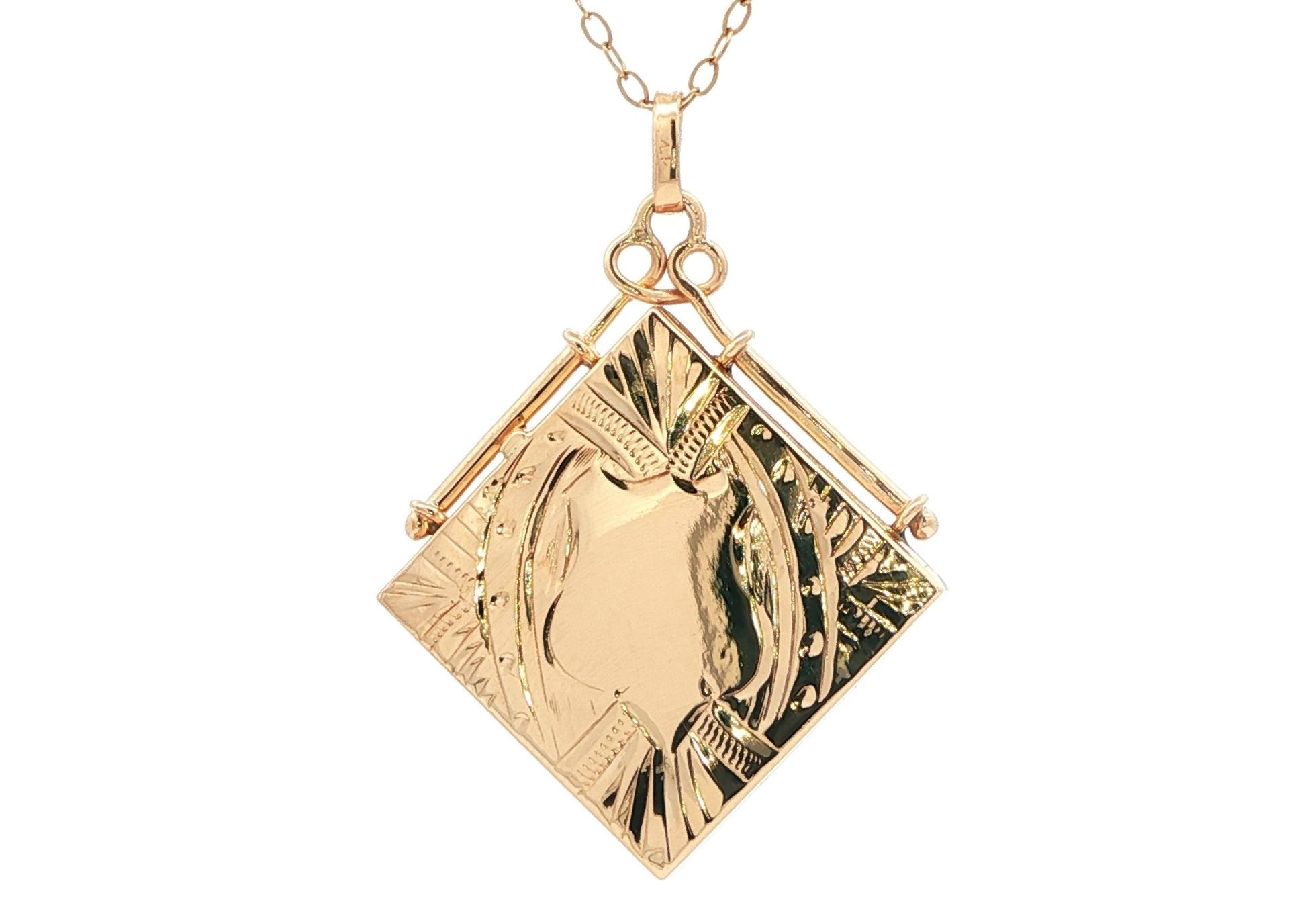Estate Piece: Square Locket Pendant with Engraved Details and Shield in Yellow Gold