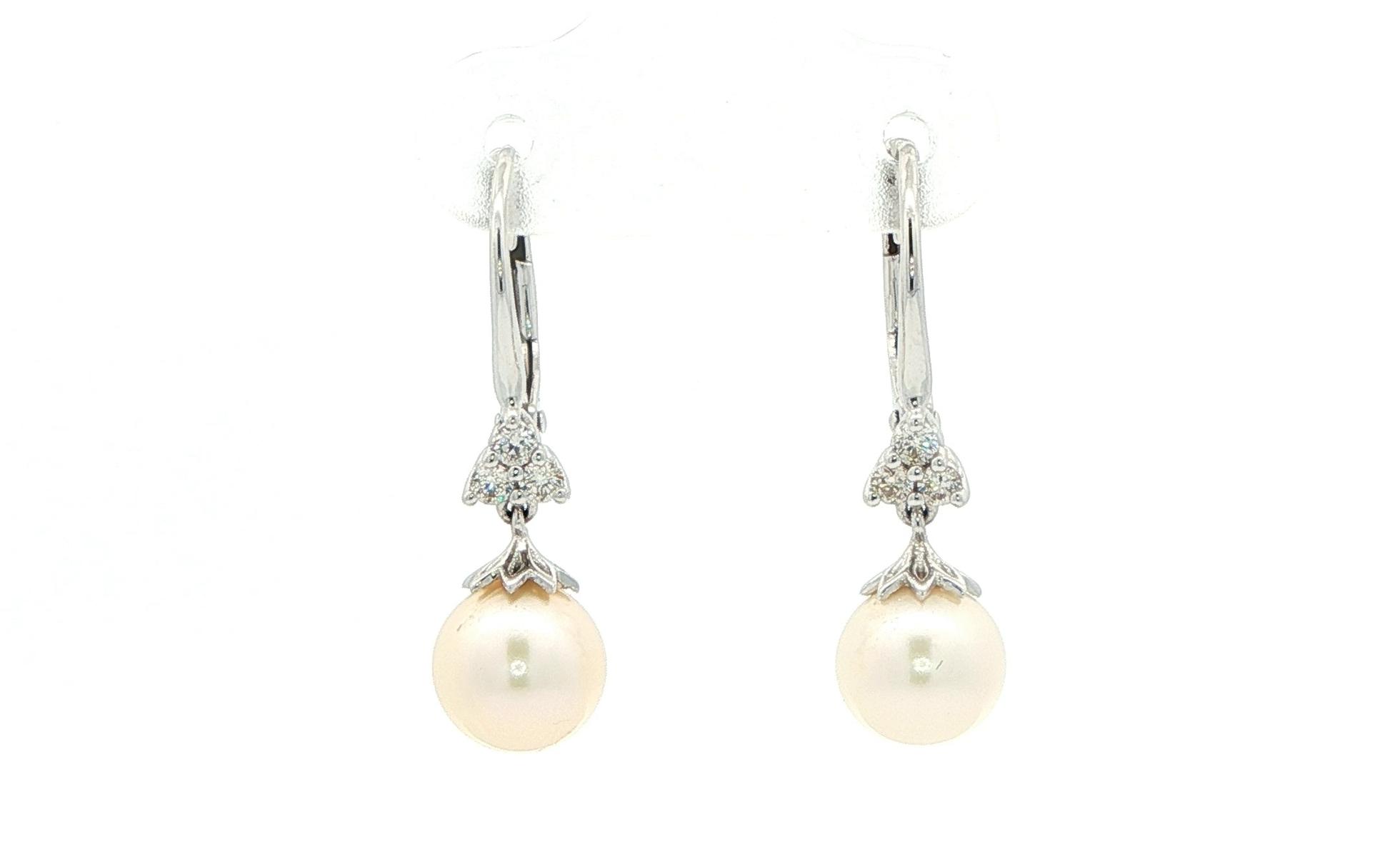 Estate Piece: Pearl and Diamond Cluster Drop Earrings in White Gold (0.10cts TWT)